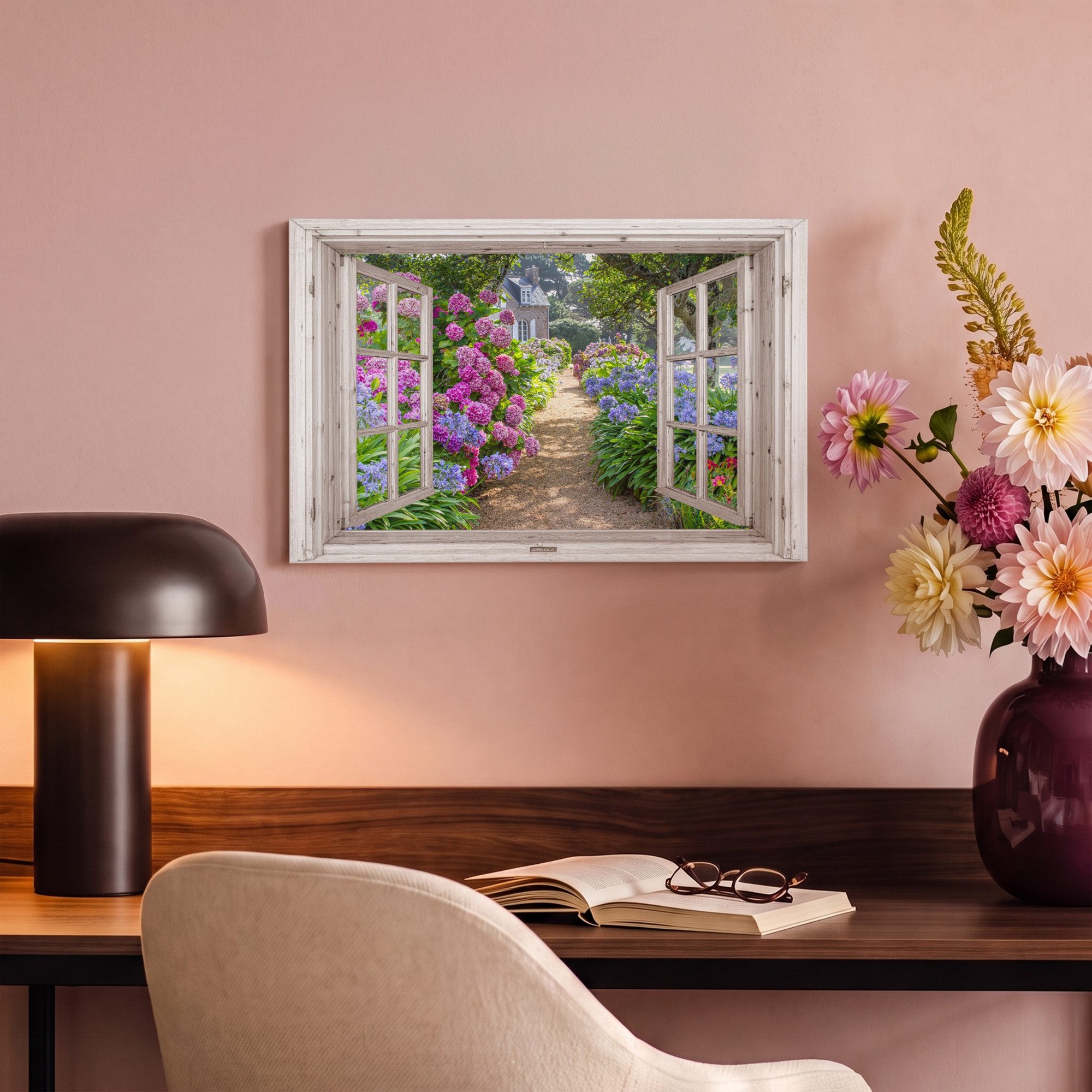 OneMillionCanvasses® Leinwandbild Hortensie - Fensterblick - Fenster - Blumen - Sommer - Lila - Weg, Fotodruck (1 St), Leinwand Bilder Klein, Wand Dekoration Ae – Bild 4 von 5
