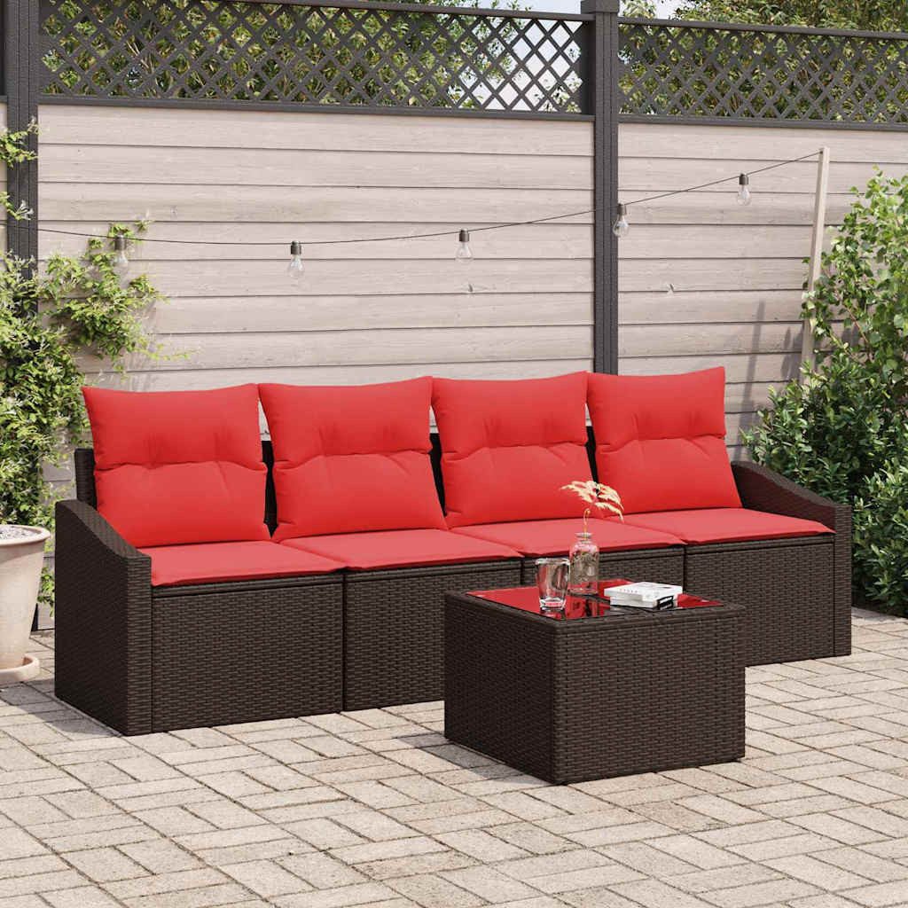 vidaXL Loungesofa Sofa Set 5 stk. 3-Sitzanzahl Braun und Rot Poly Rattan, 5 Teile
