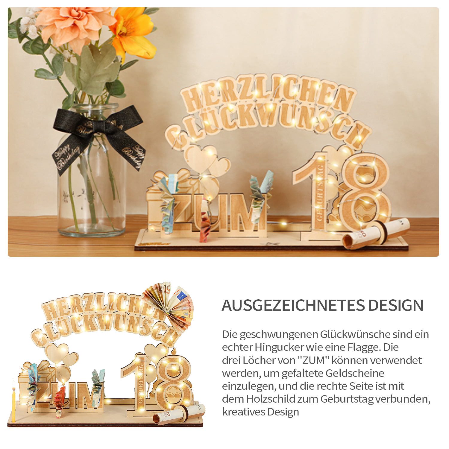 Refttenw Dekoobjekt Geldgeschenke Geburtstag mit LED Lichterkette, Geldgesc günstig online kaufen