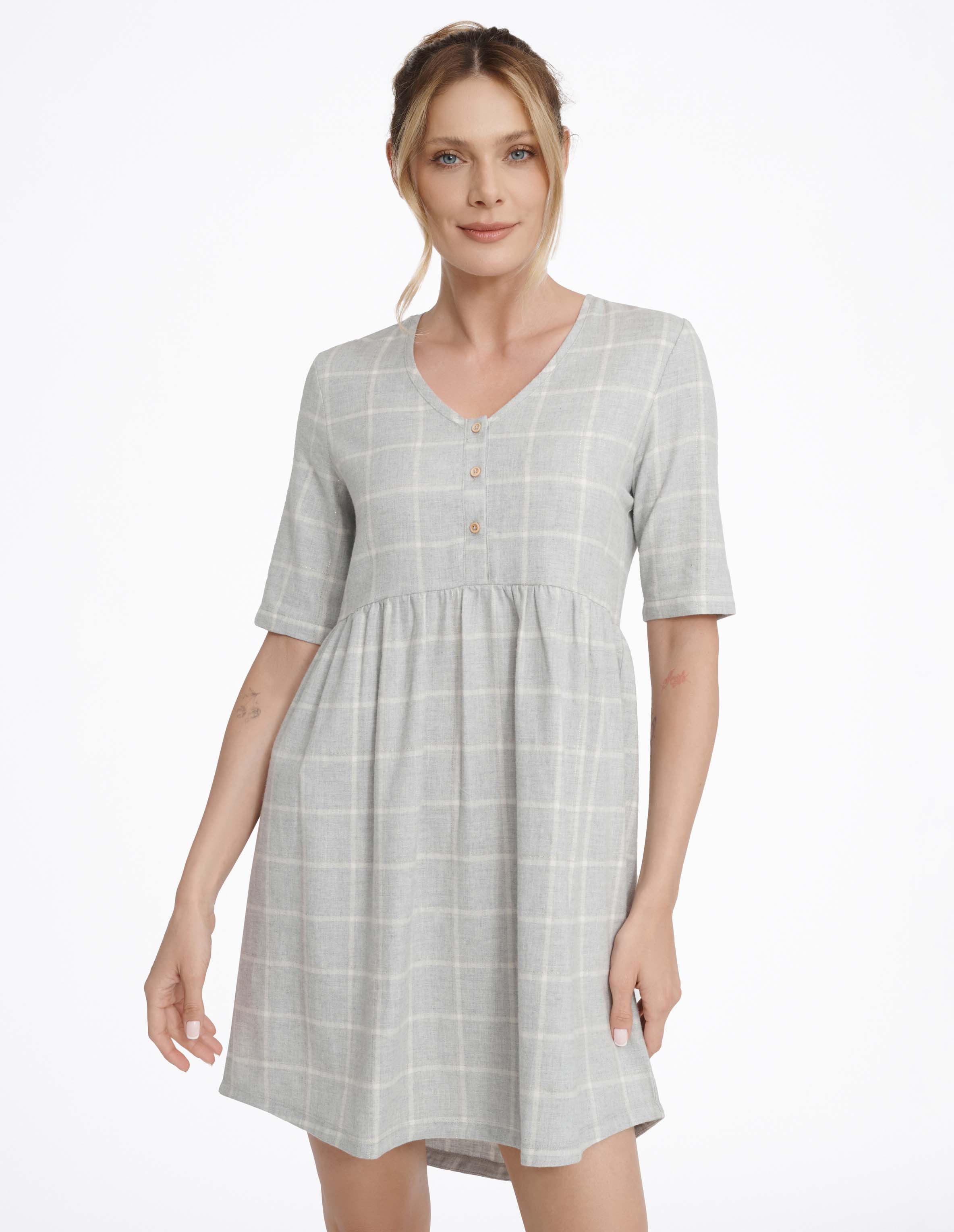 ESOTIQ Nachthemd Nachthemd aus Baumwolle Kurzarm kariert Rundhals Homewear Magically (1-tlg)