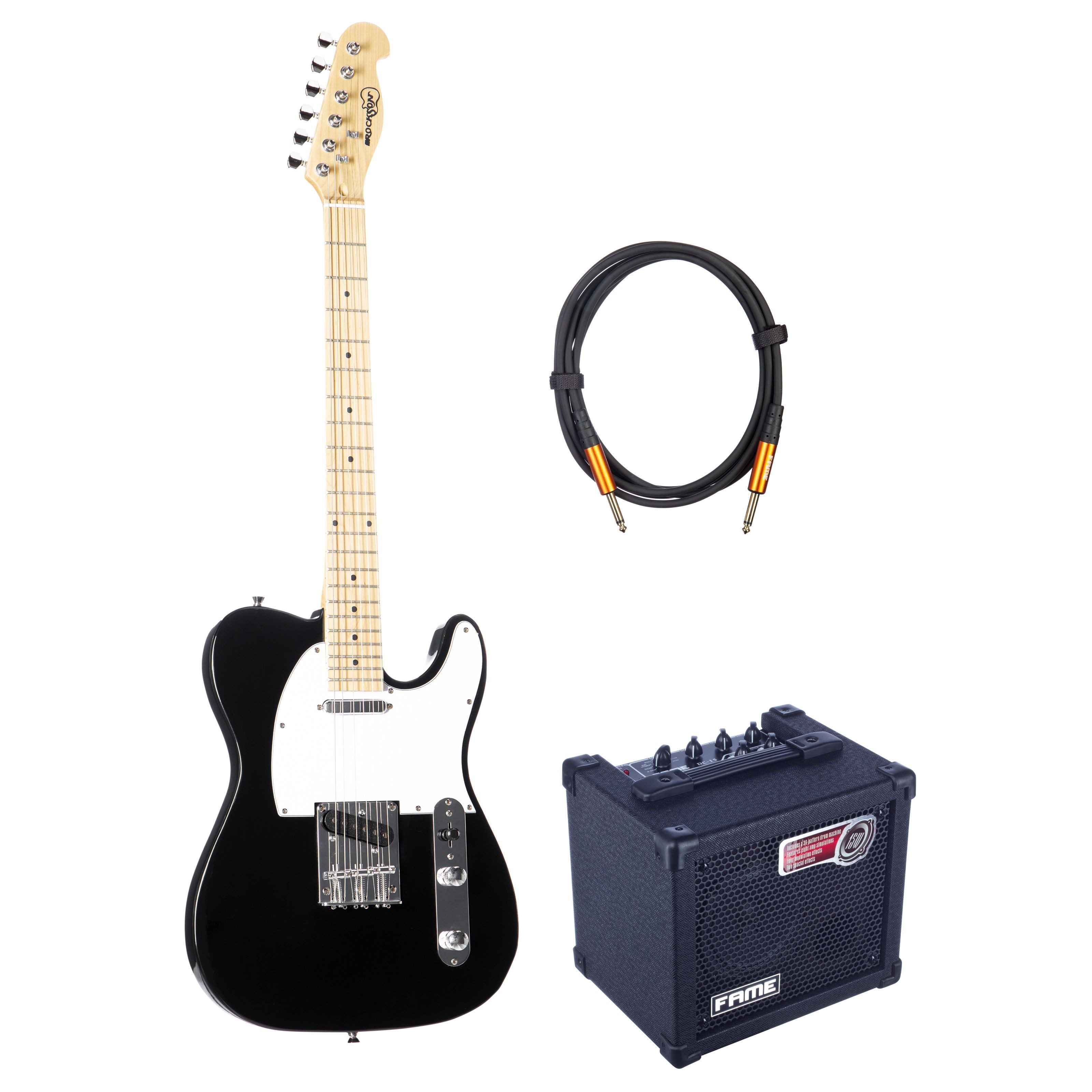Rockson E-Gitarre, TL Electric Guitar Set Schwarz T-Style Ahorn Hals 22 Bünde Ceramic Single Coil Tonabnehmer Hardtail Brücke Chrom Hardware E-Gitarren Anfänger Set, E-Gitarren, E-Gitarren-Sets, TL Electric Guitar Set, T-Style, Ceramic Single Coil Tonabnehmer