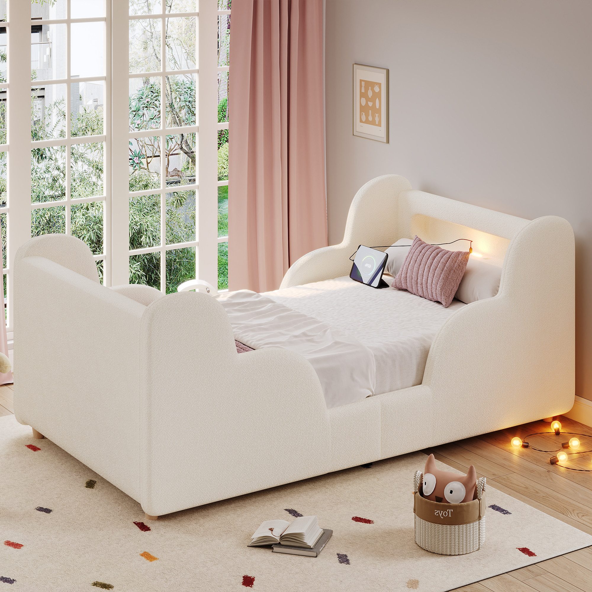 Flieks Polsterbett, Kinderbett 90x200cm mit Schutzgeländer, Nachtlicht, USB-Ladeanschluss