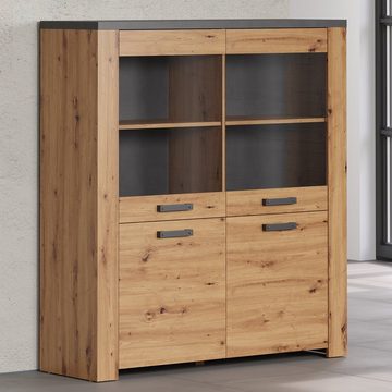 trendteam Highboard Follow, Schrank Vitrine Kommode Vitrinenschrank Natur/Anthrazit 127x139x40cm