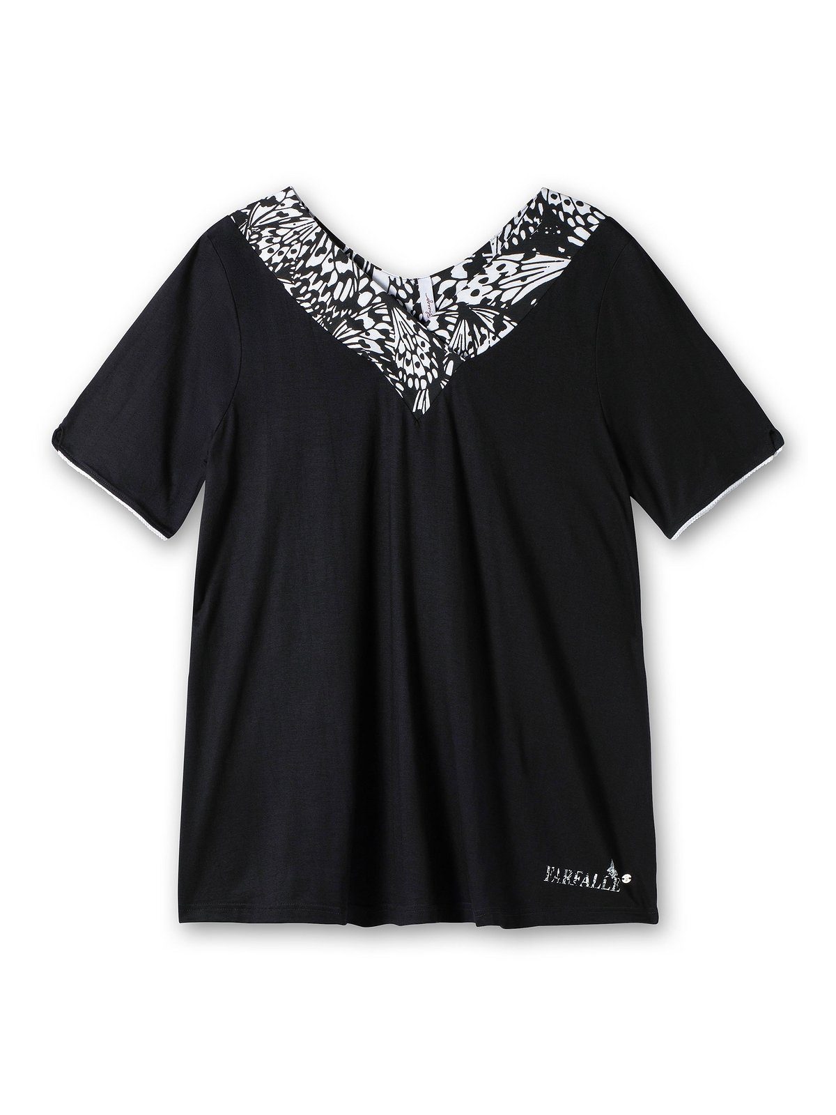 Sheego Blende Longshirt mit breiter am bedruckt Größen schwarz Große V-Ausschnitt