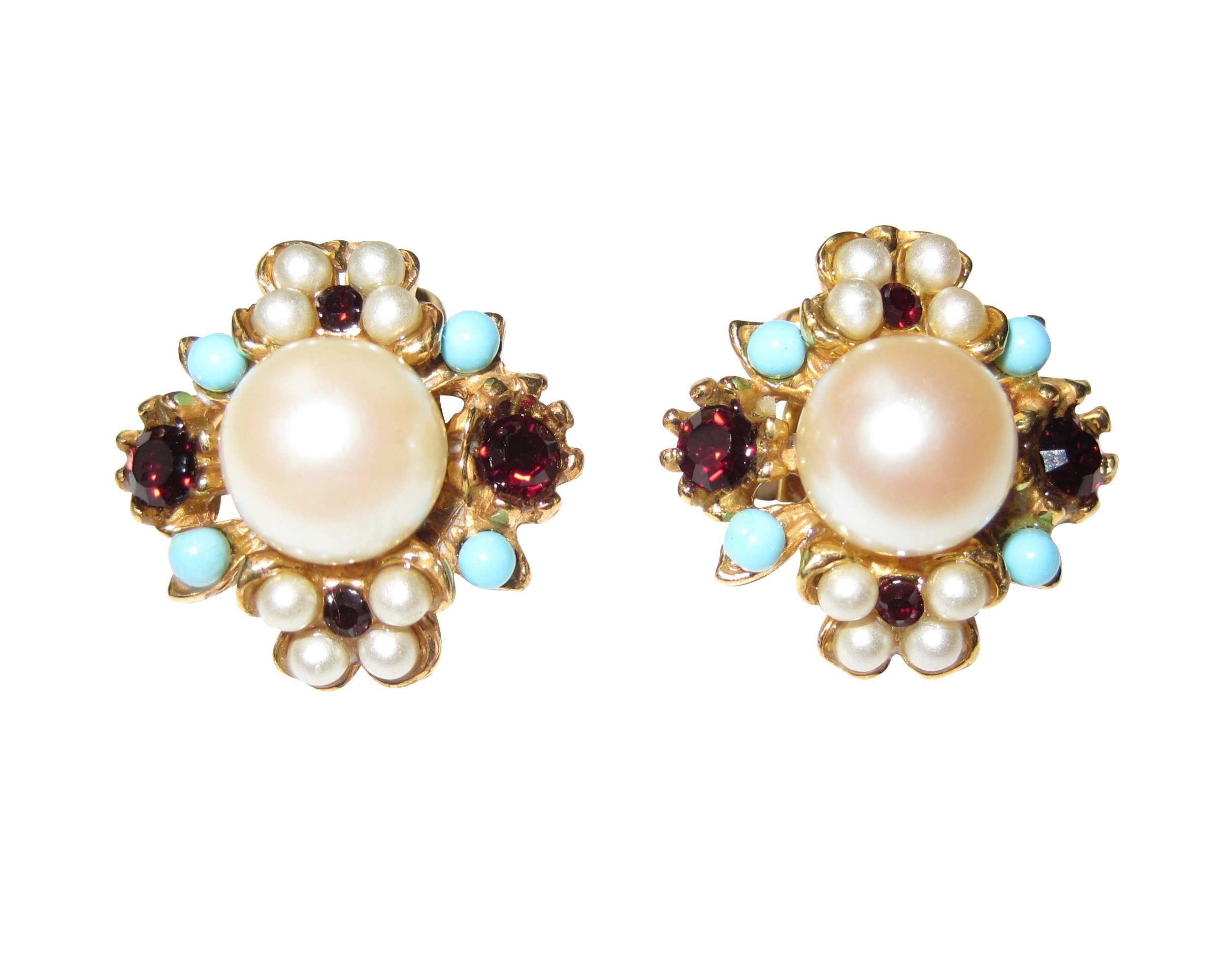 Mugello Paar Ohrclips Clip Gabri Granat Türkis klassisch elegant aufflällig schick, Handarbeit aus kleiner florentinischen Manufaktur, Vintageschmuck