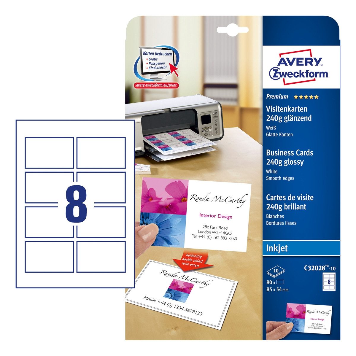 Avery Zweckform Visitenkarten AVERY Zweckform Visitenkarten Inkjet 240g/m² glänzend weiß 85x54mm 80