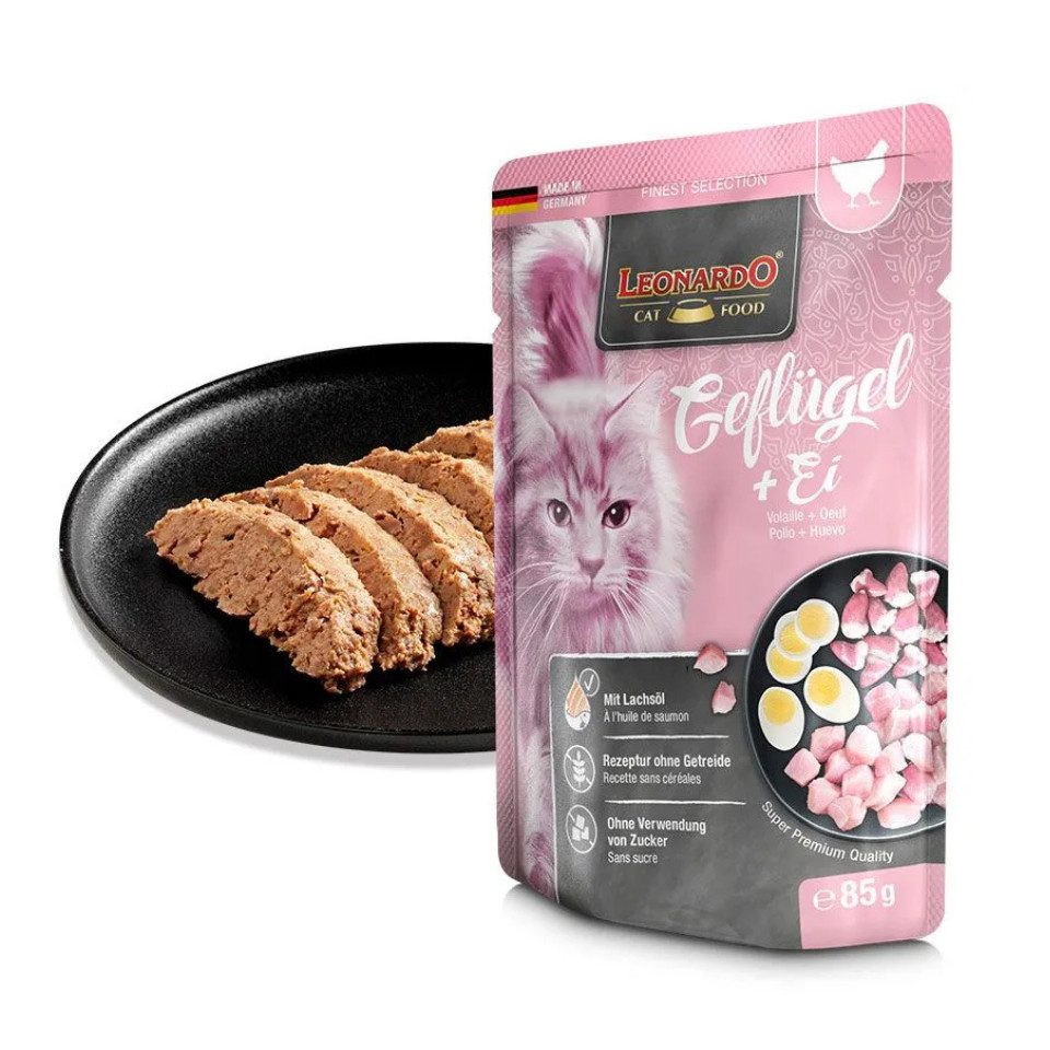 Leonardo Catfood Geflügel & Ei - getreidefreies Nassfutter mit fettarmen Geflügel 16x85g, Nassfutter für: Katzen