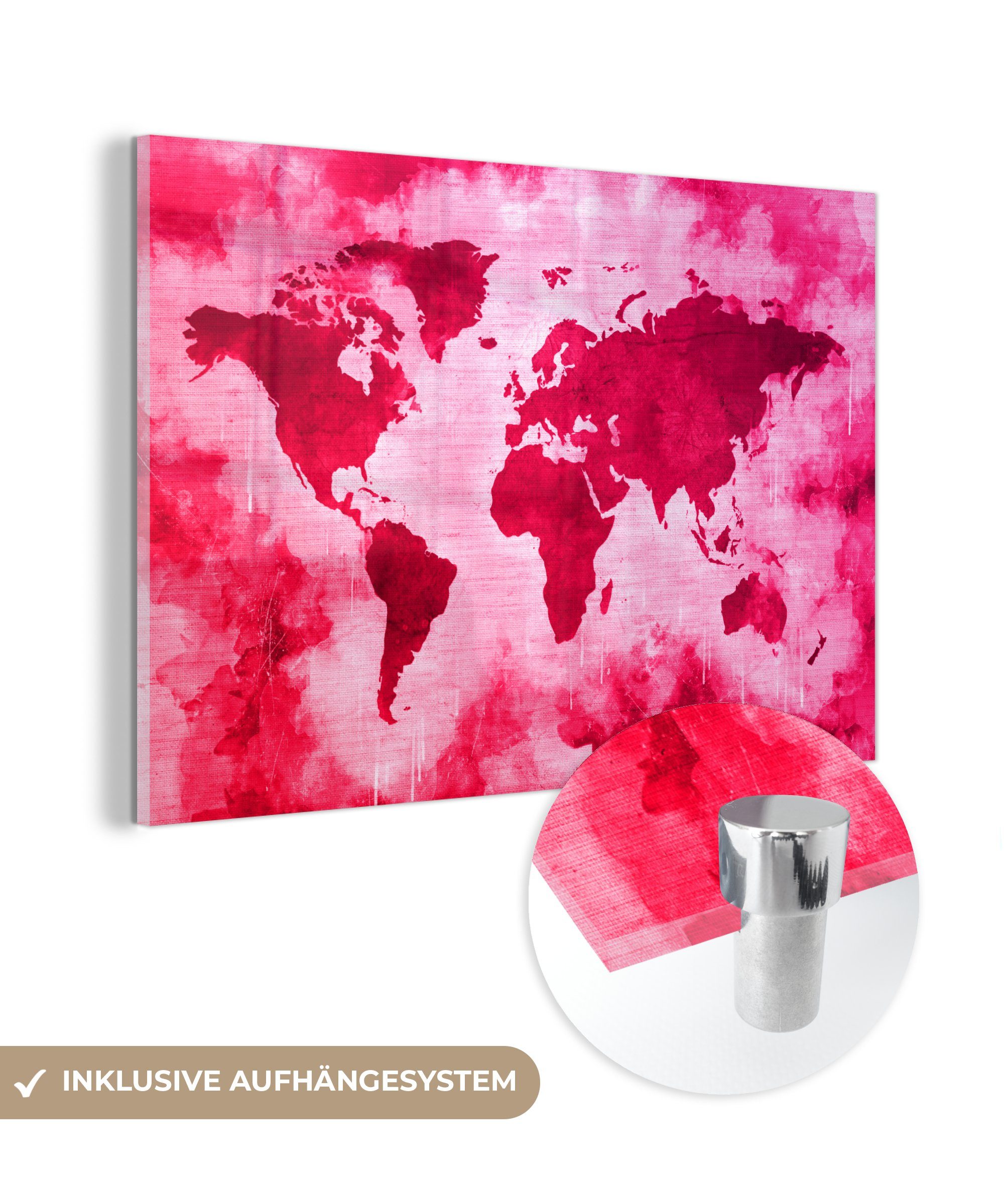 MuchoWow Acrylglasbild Weltkarte - Rot - Rosa, (1 St), Glasbilder - Bilder auf Glas Wandbild - Foto auf Glas - Wanddekoration