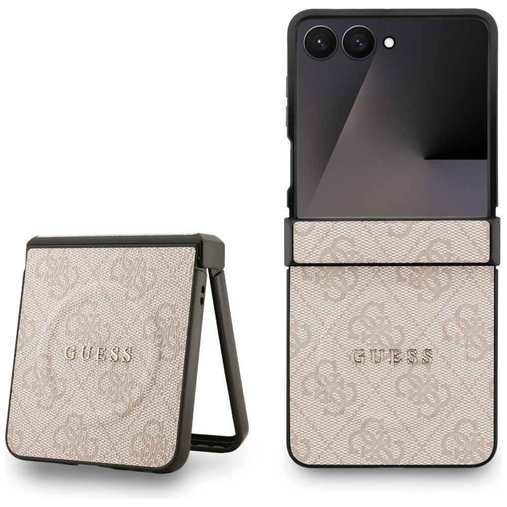 Guess Handyhülle Galaxy Z Flip7 MagSafe Muster Kunstleder rosa Logo goldfarben 6,9 Zoll, Kantenschutz