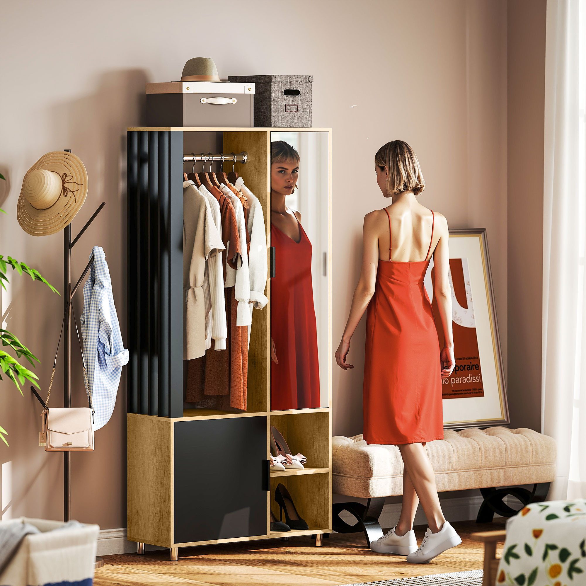 HOMCOM Kleiderschrank Garderobe Set mit Spiegel, Kleiderstange, Schuhschran günstig online kaufen