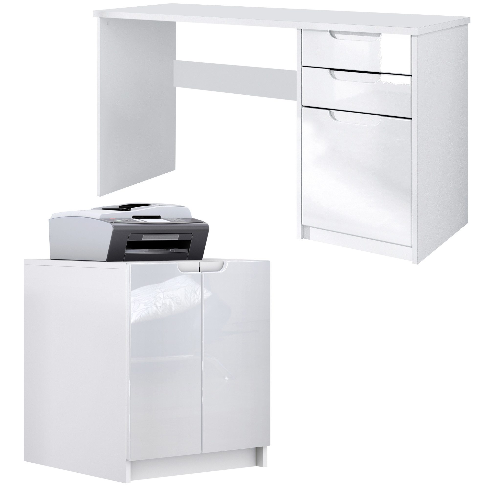 Vladon Aktenschrank Paris (Büromöbel-Set, mit 1 Schreibtisch und 1 Druckerkommode) Weiß matt / Weiß Hochglanz