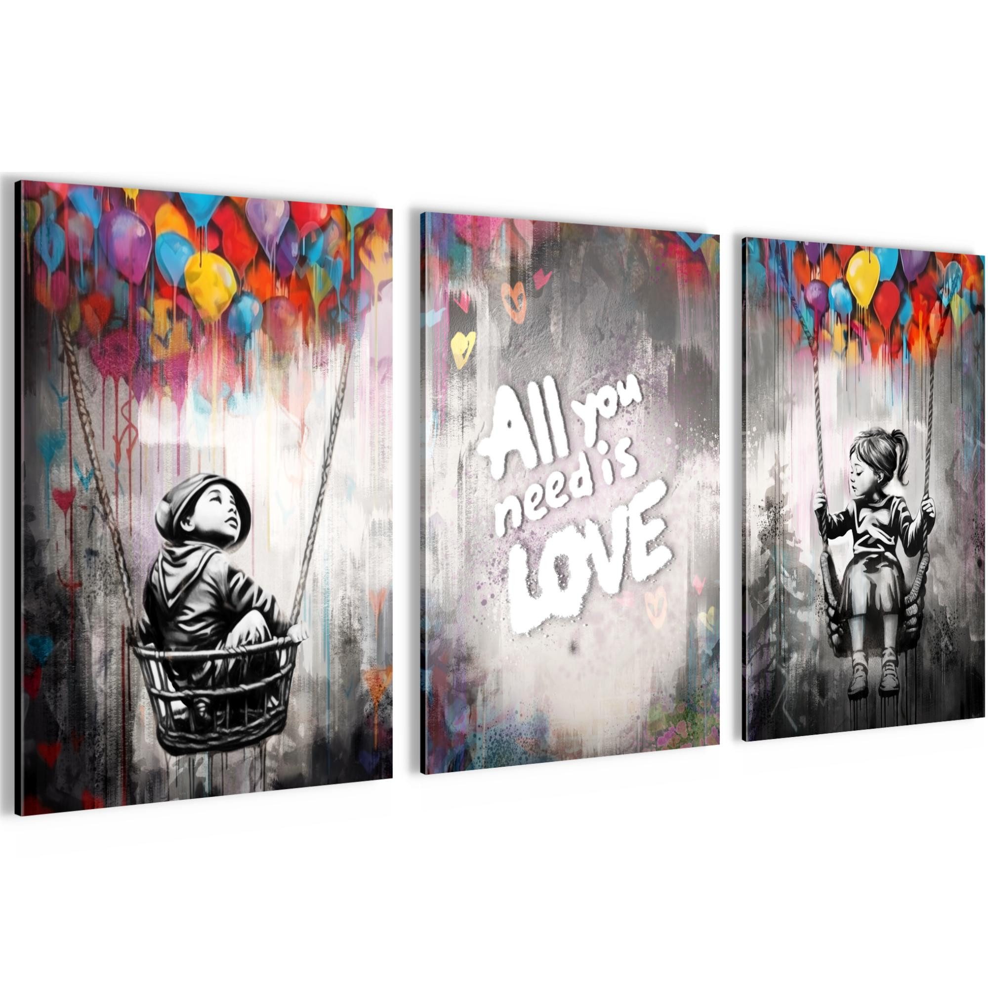 Novart Wandbild Set Banksy Style Collage 3 Bilder Wohnzimmer Streetart, Collage