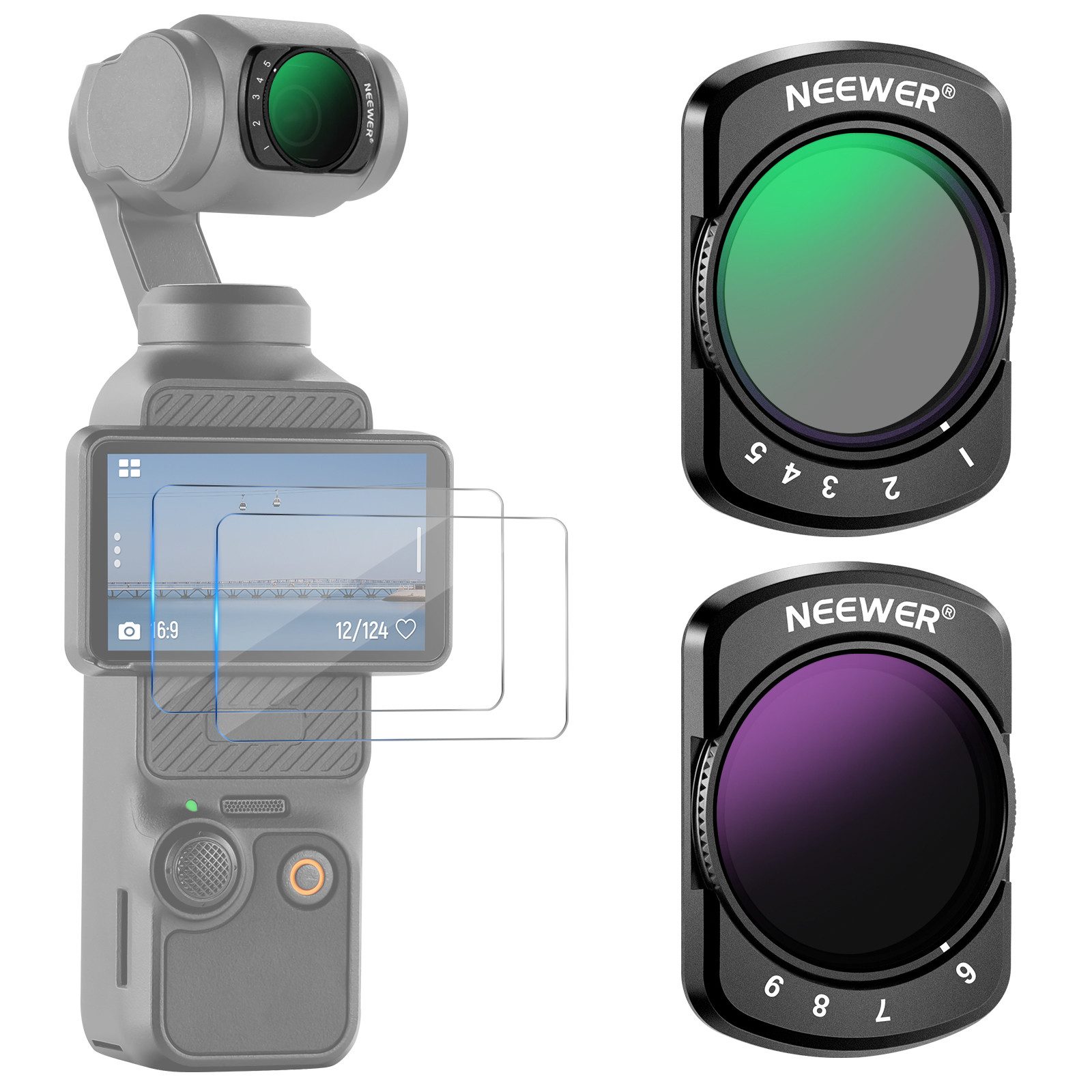 Neewer FL-75 Variables ND Kit für DJI Osmo Pocket 3 – ND2-ND32 & ND64-ND512 Graufilter (Magnetic)