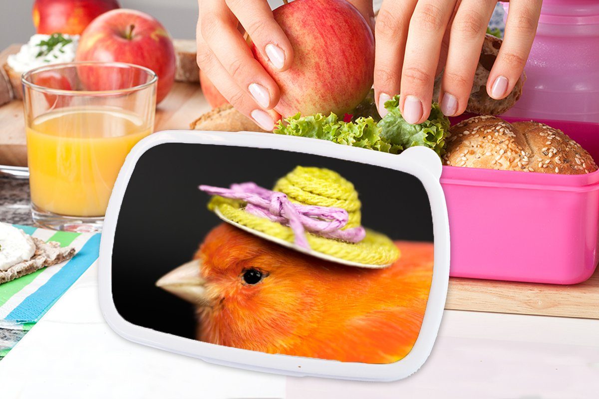 MuchoWow Lunchbox (2-tlg), Vogel Erwachsene, Hut Orange, für Kinder, Mädchen, - Kunststoff, Kunststoff rosa Brotdose Snackbox, Brotbox 