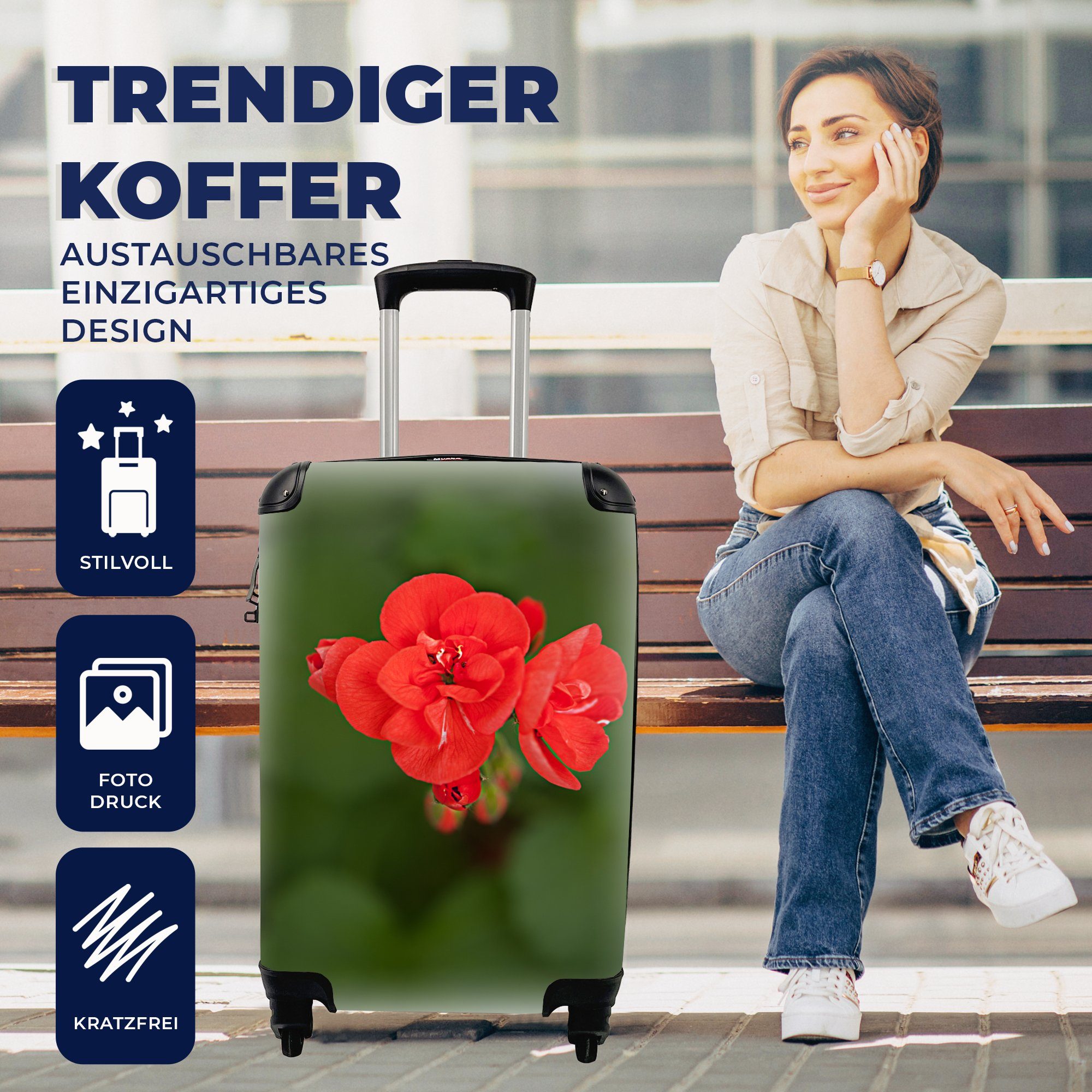 4 mit für Reisekoffer rote Ferien, Handgepäck Trolley, Blühende Reisetasche rollen, Geranienblüte, MuchoWow Handgepäckkoffer Rollen,