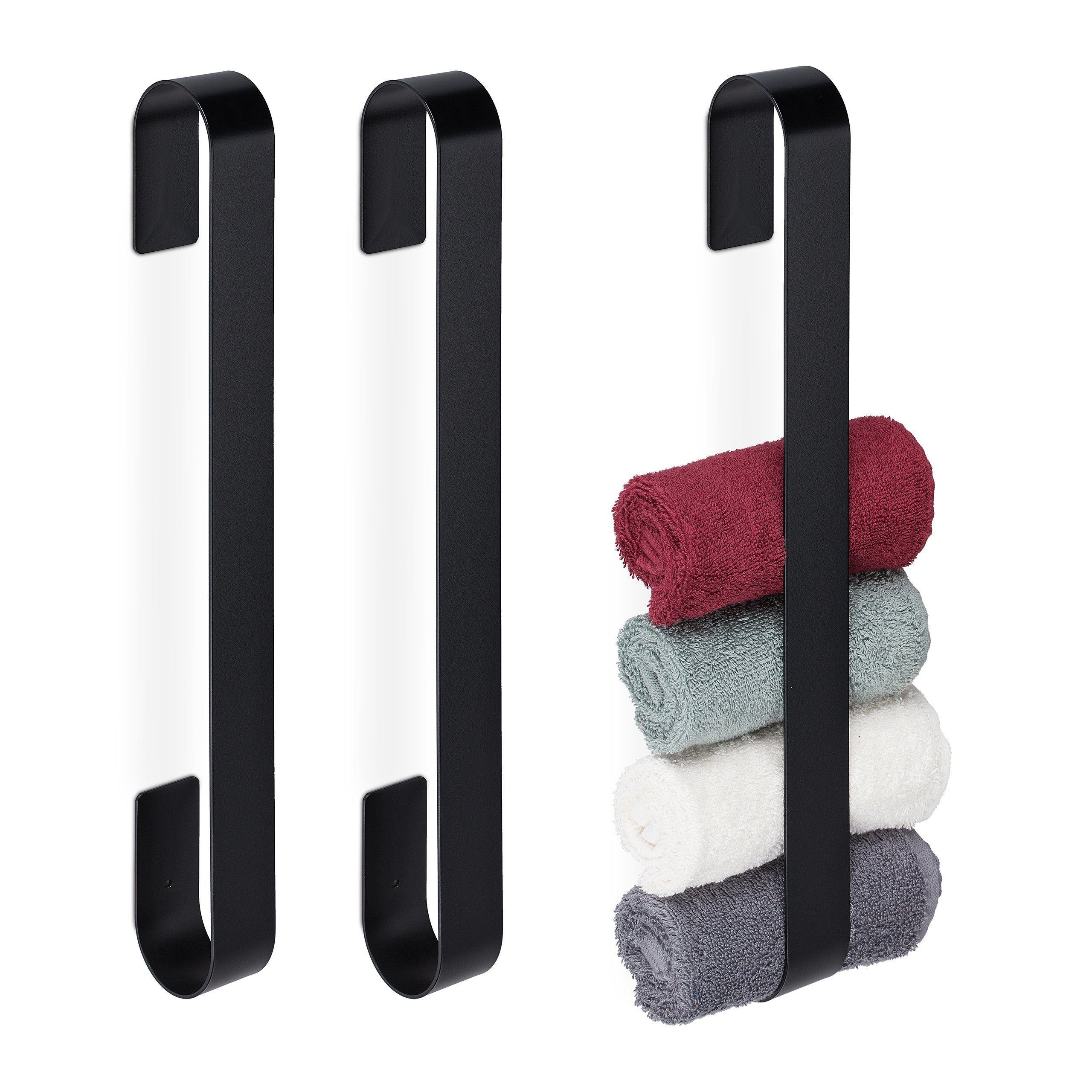 relaxdays Handtuchhalter 3 x Handtuchhalter Edelstahl schwarz | Handtuchstangen