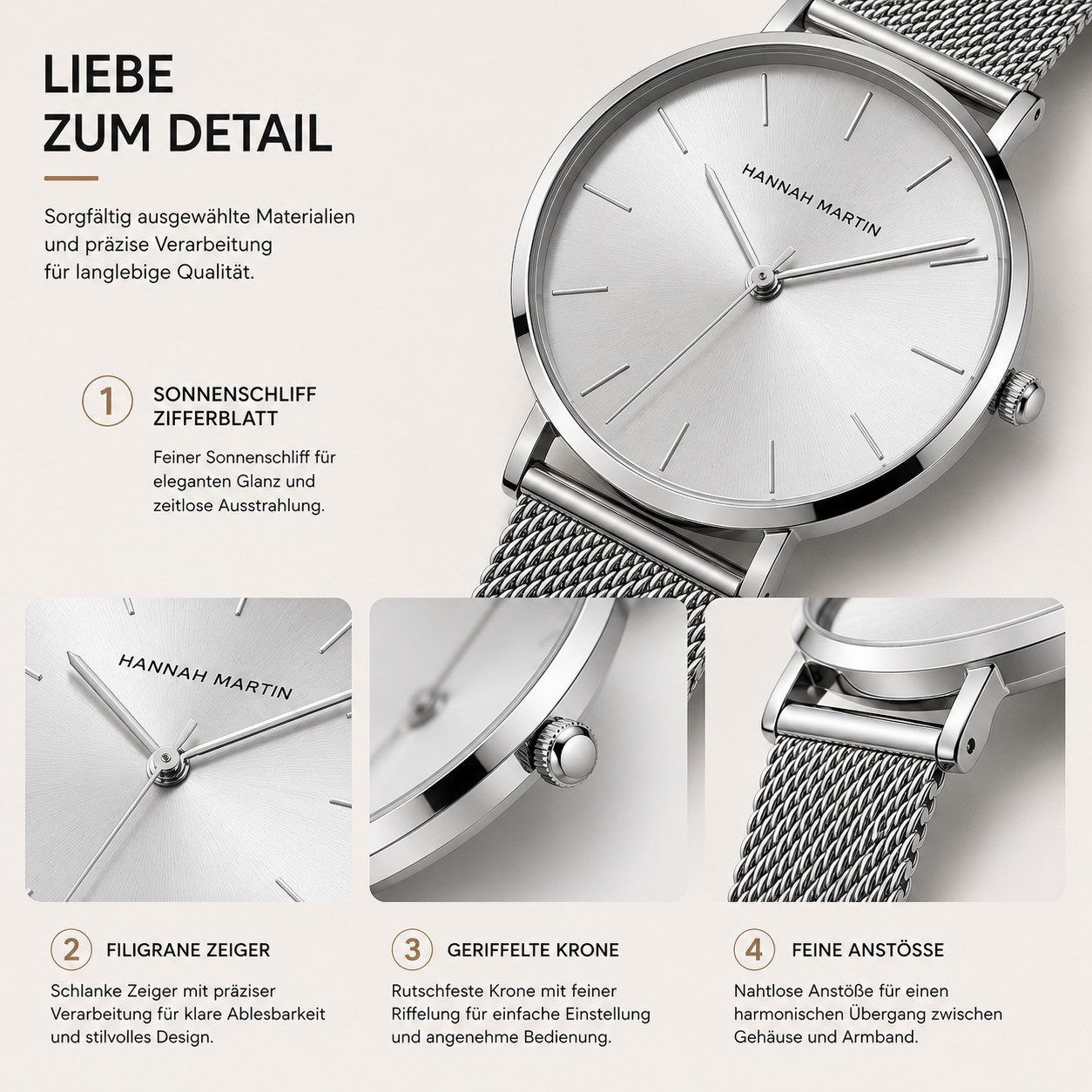 Fyrove Quarzuhr Armbanduhr Sliber, Elegante Quarzuhr mit Edelstahl-Mesharmband, (36 mm ultraflaches Gehäuse, Mineralglas, 3 ATM Alltagsschutz)