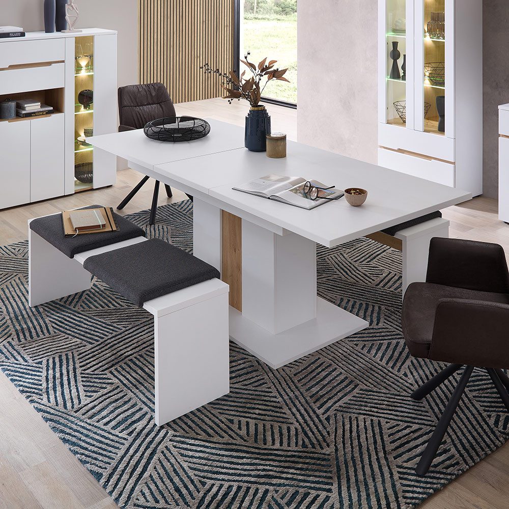 Lomadox Sitzbank MANRESA-36-WHITE, 130 cm breit, inkl. 2 Sitzkissen, weiß mit Eiche