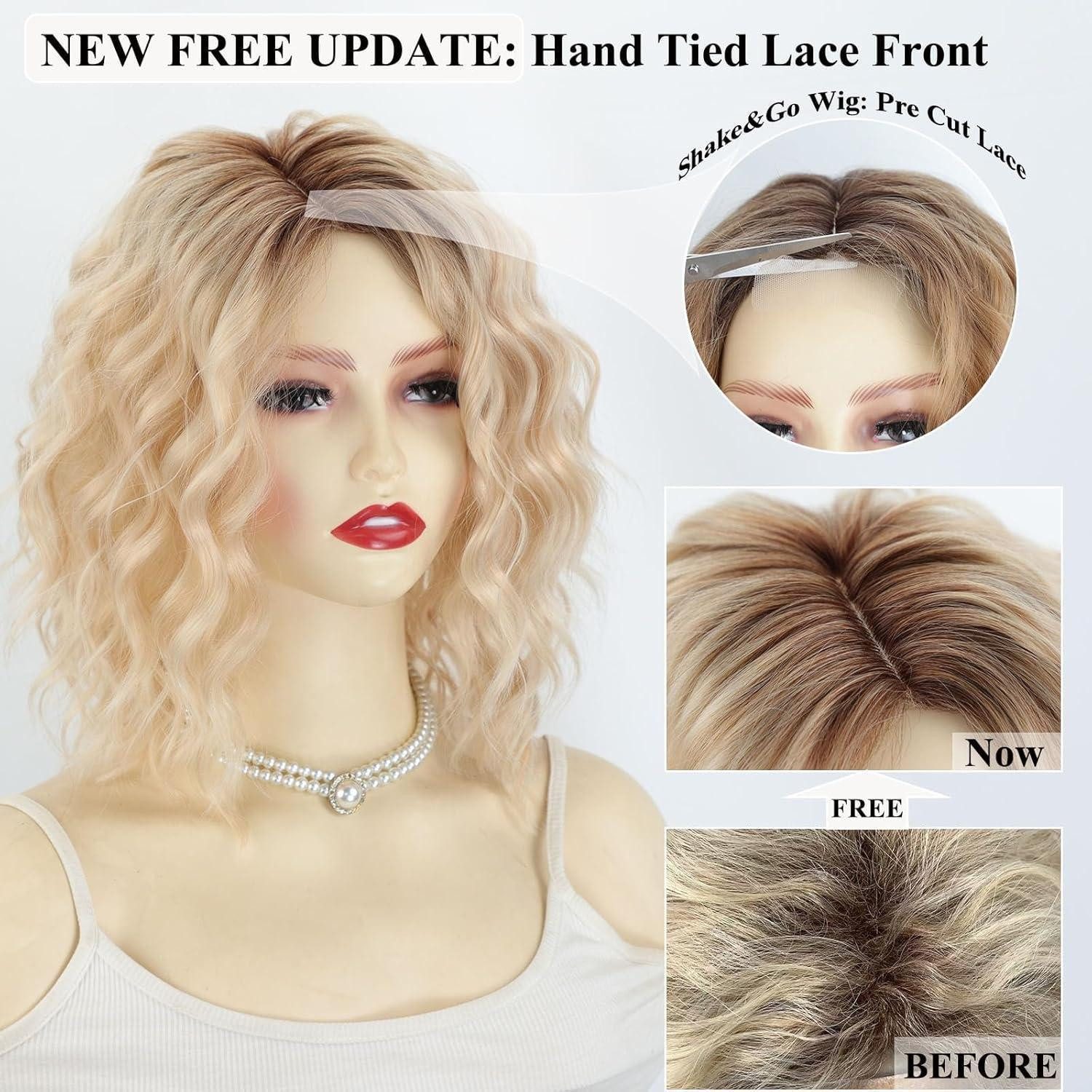 LuxusKollektion Kunsthaarperücke Perücke Pre Cut Lace Damen Bob Pony Kurz Ombre Platinum Blonde