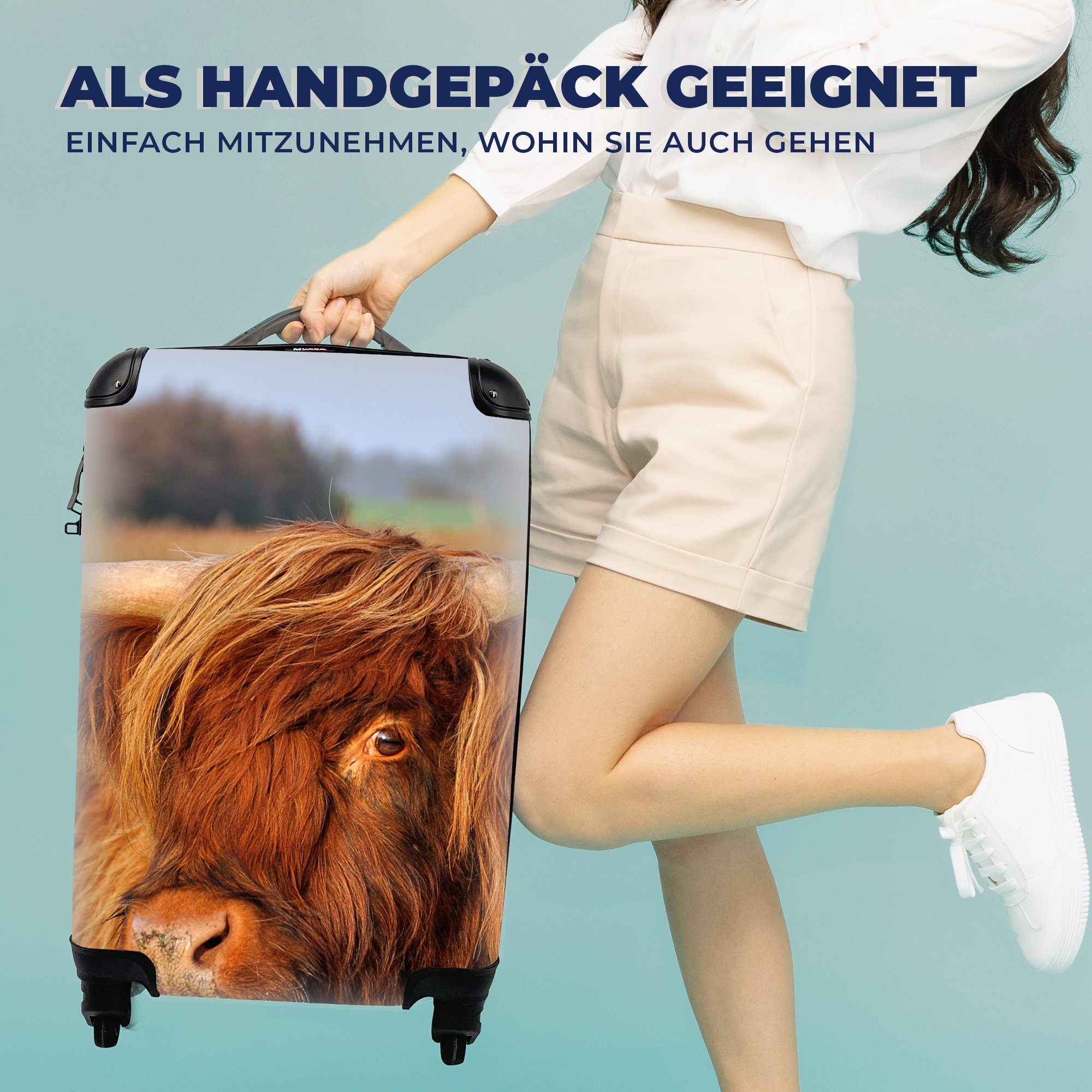 MuchoWow Handgepäckkoffer Schottischer - rollen, Reisetasche Handgepäck Gras Rollen, Highlander mit - Trolley, 4 für Ferien, Reisekoffer Baum