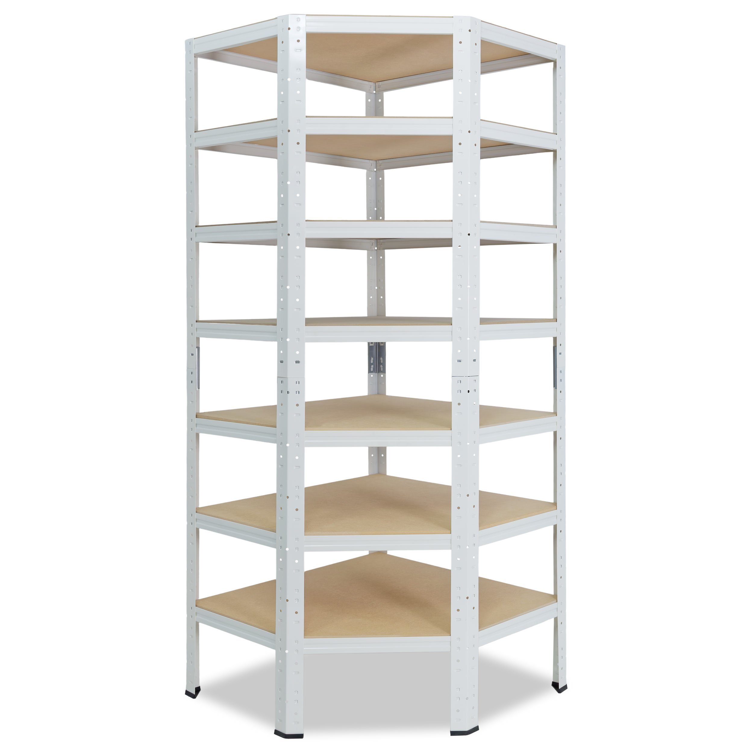 shelfplaza Eckregal HOME, 230x60x30cm Eckregal Eckregal Metall mit Keller Tragkraft Steckregal verzinkt 125kg Böden, Regal weiß, stehend 7 Garagen Corner Ecke, Schwerlastregal Shelf