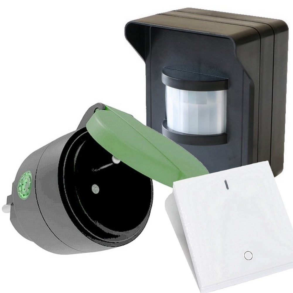 DIW-Funk Bewegungsmelder PD-549 Funkbewegungsmelder Outdoor+ Funkstecker+Wandsender, (Spar-Set, 3-St., Bewegungsmelder DIW-44, Outdoorstecker DOR-2300, Wandsender DWS-11), Bewegungsmelder und Outdorstecker mit IP44 Zertifizierung