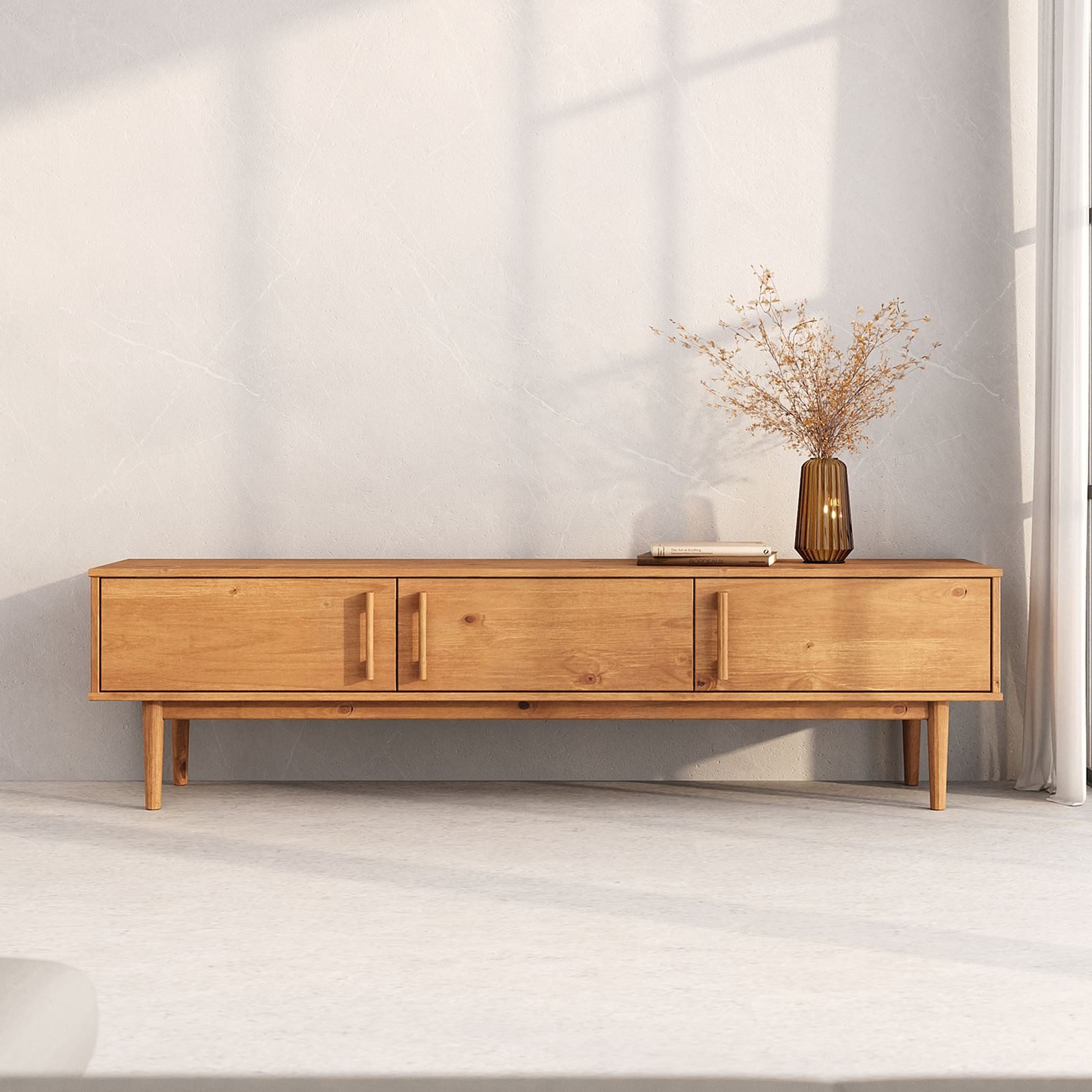IDIMEX Lowboard TECCA, Niedriges Sideboard aus Massivholz mit 3 Türen Wohnzimmer Eiche Finish