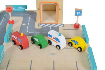 Moni Spiel-Parkgarage Kinderspielzeug Holz-Parkhaus, drei Etagen 25-tlg. 4 Autos 3 Etagen Schranke