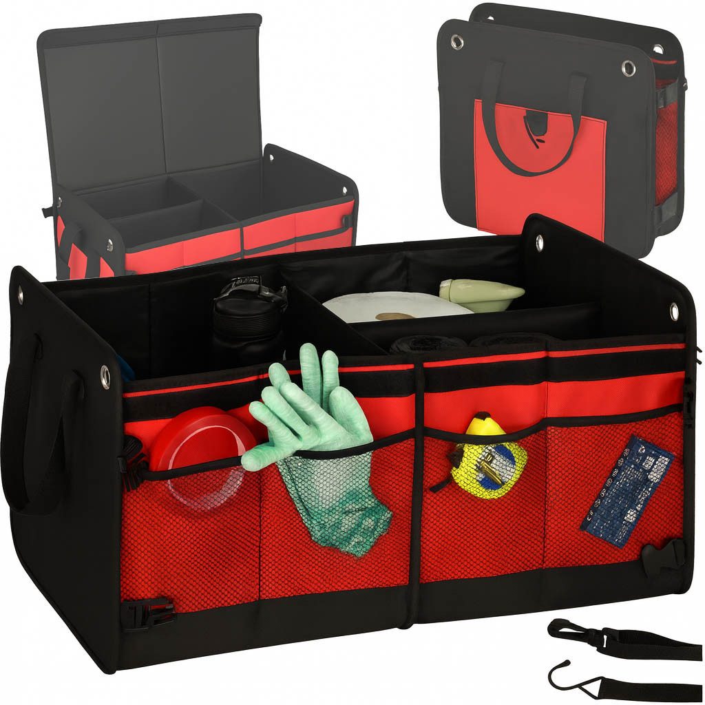 Ikonka Kofferraumwanne Kofferraum Organizer faltbar 60L Auto Aufbewahrungstasche Schwarz Rot, für Universal Universal Van, Kombi, SUV, PKW, Faltbar, 60 l Volumen, 3 Fächer, 9 Außentaschen, Klettboden