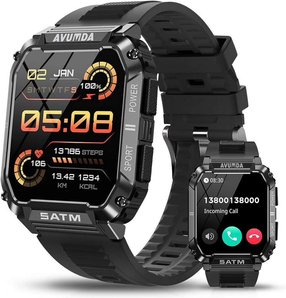 AVUMDA Smartwatch (1,95 Zoll, Android iOS), Herren mit Telefonfunktion  Großer HD Sportuhr 123 Sportmodi Fitnessuhr