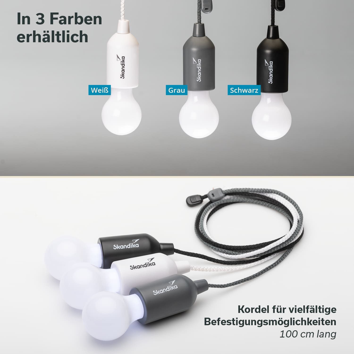 Skandika LED Gartenleuchte Campinglampe Narvik 4er-Set, hängend, tragbare Zeltlampe, Pull Light, batteriebetriebene Glühbirne mit Zugschalter, Outdoor, Keller, Garage
