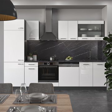 Livinity® Küchenzeile R-Line, Weiß Hochglanz/Anthrazit, 300 cm, AP Marmor