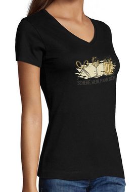 MyDesign24 T-Shirt Damen Oktoberfest T-Shirt - Schere, Wein, Paar Bier V-Ausschnitt Print Shirt Slim Fit, i321