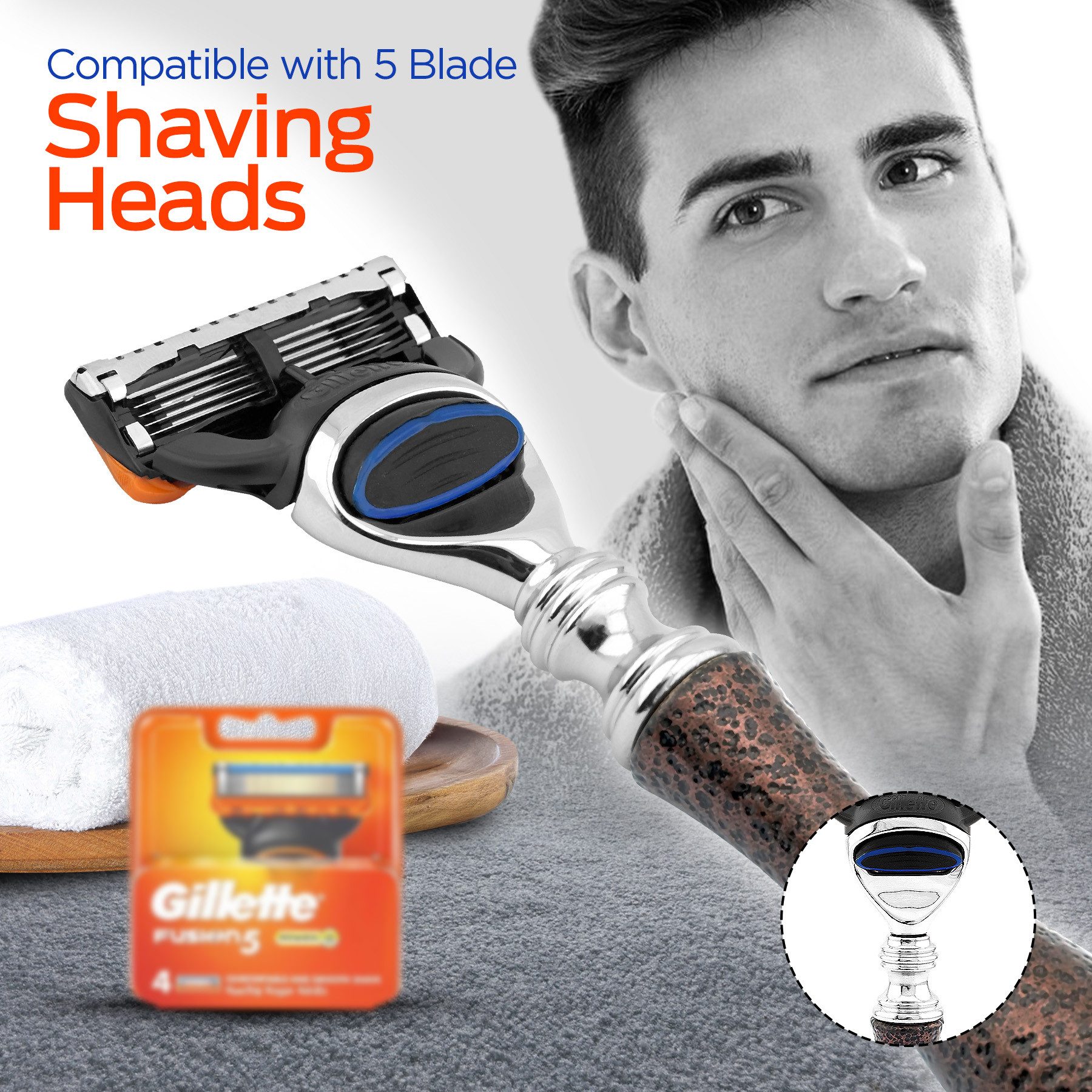 Haryali London Nassrasierer 5-Klingen-Unisex-Rasierer, Körper und Gesicht, Kastanienbraun, Pack, Rasiermesser mit Klinge und hochwertiger messing-silberner Oberfläche, Abwaschbarer, rutschfester Griff. Passt auf alle Fusion5-Rasierer.