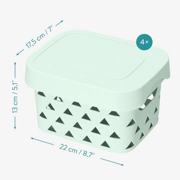 Navaris Aufbewahrungsbox, 4er Set Aufbewahrungsbox mit Deckel - Box aus Kunststoff klein - 4x Storage Kiste stapelbar - atmungsaktive Aufbewahrung Bad Regal - Mint Grün