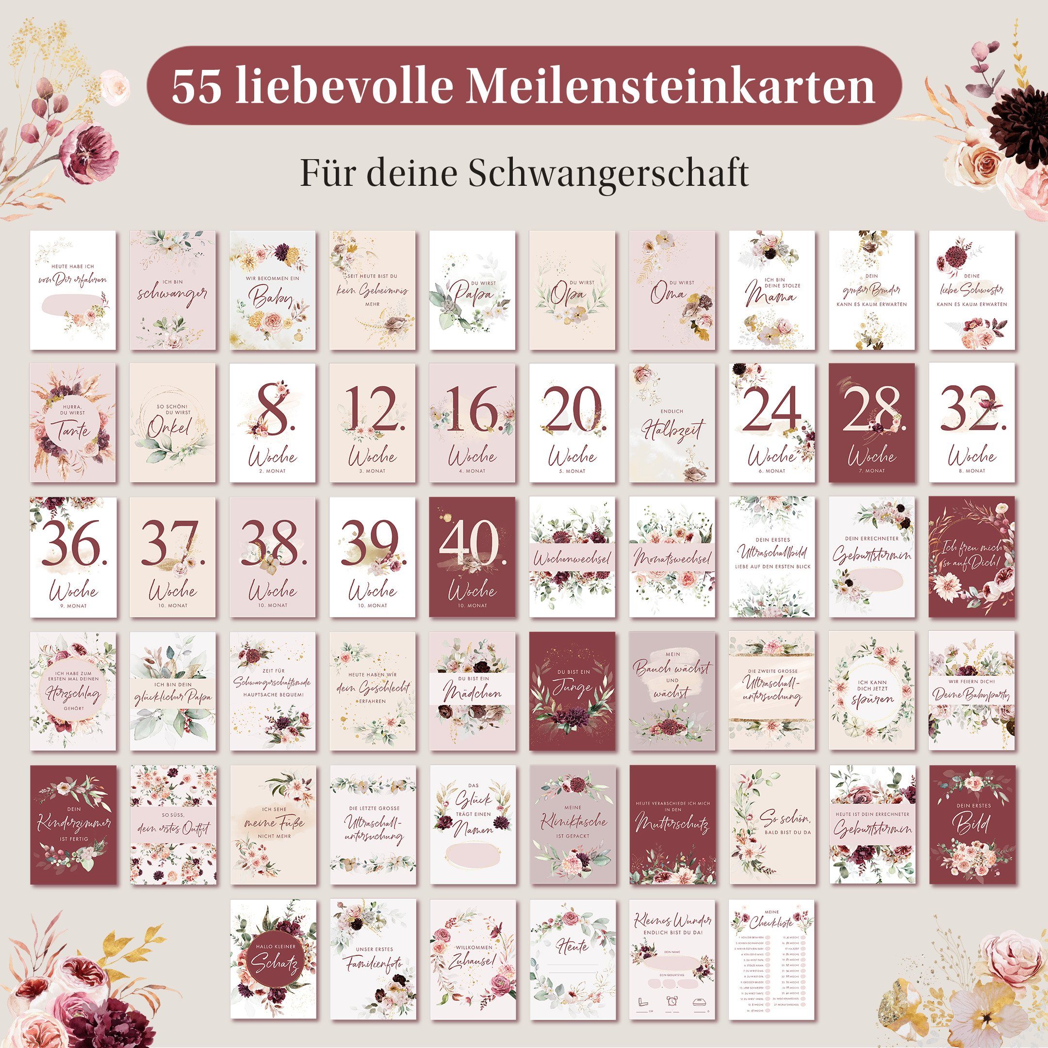 Eulentaler Geschenkkarte I 55 Meilensteinkarten für deine Schwangerschaft I, Von Hebammen gestaltet I Handgemalte Illustrationen Inkl. Geschenkbox