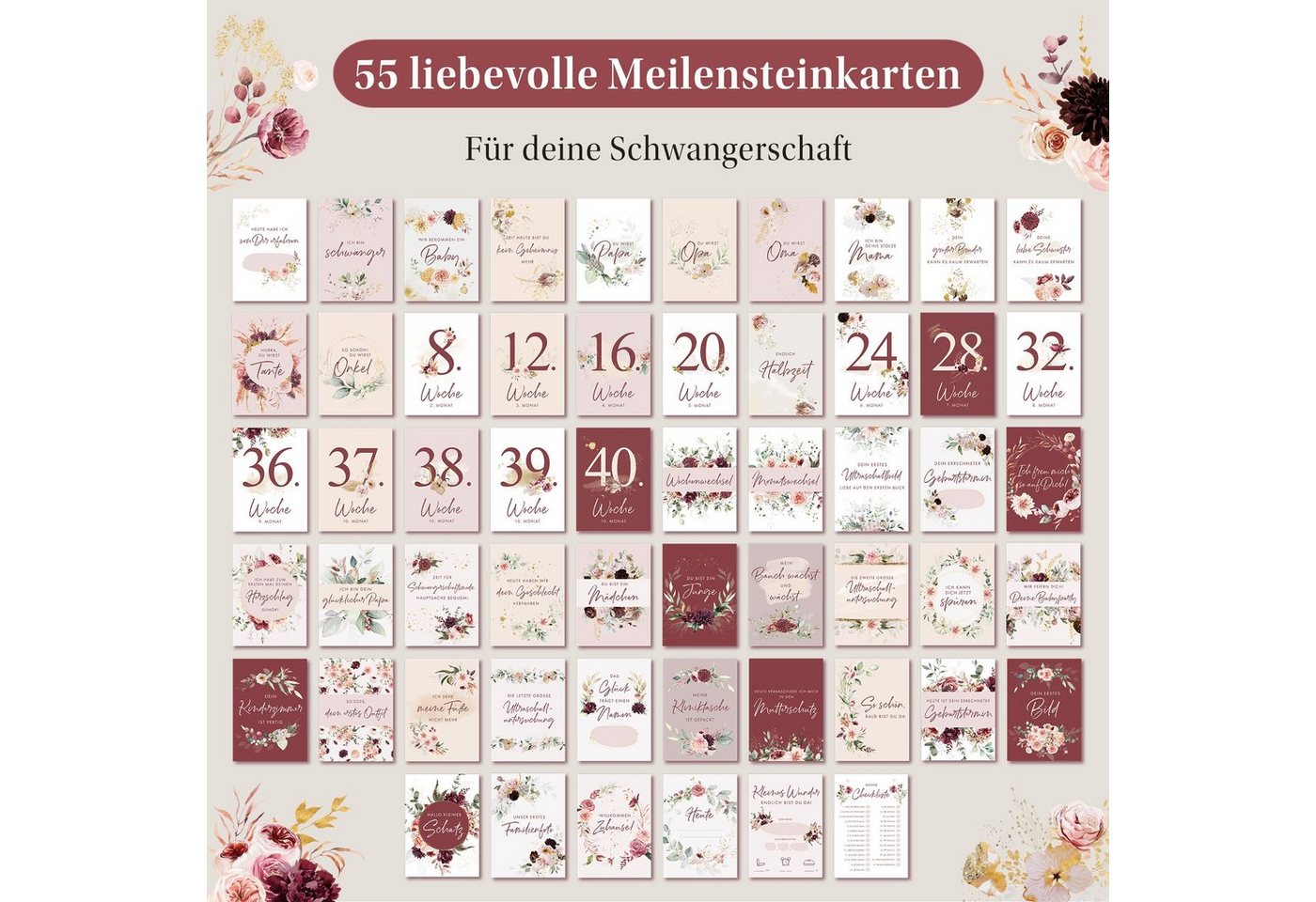 Thumbnail - Eulentaler Geschenkkarte I 55 Meilensteinkarten für deine Schwangerschaft I, Von Hebammen gestaltet I Handgemalte Illust...
