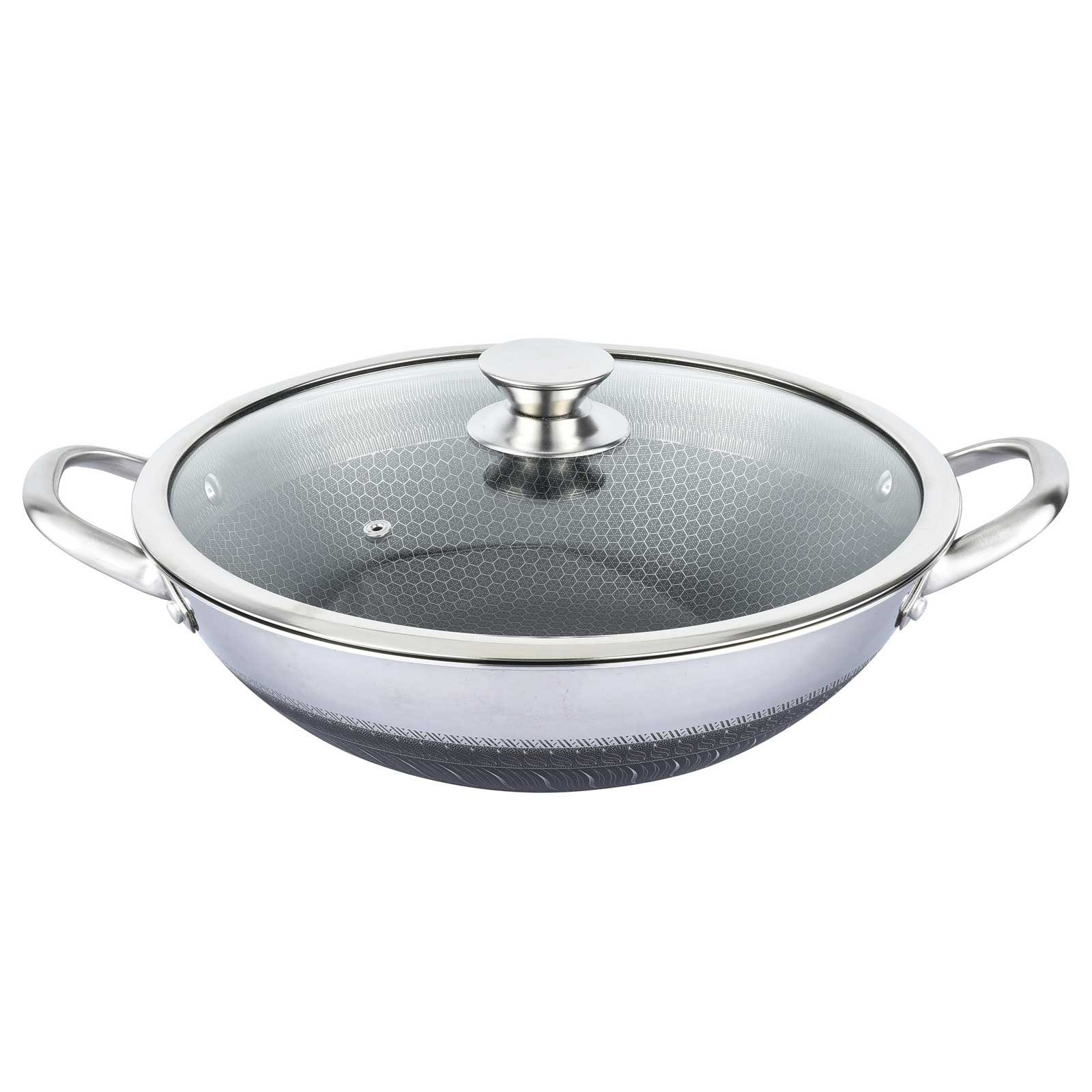 4BIG.fun Wok Wokpfanne mit Glasdeckel Wok 36 cm Asia Induktion, Edelstahl, Wabenstruktur, ofenfest