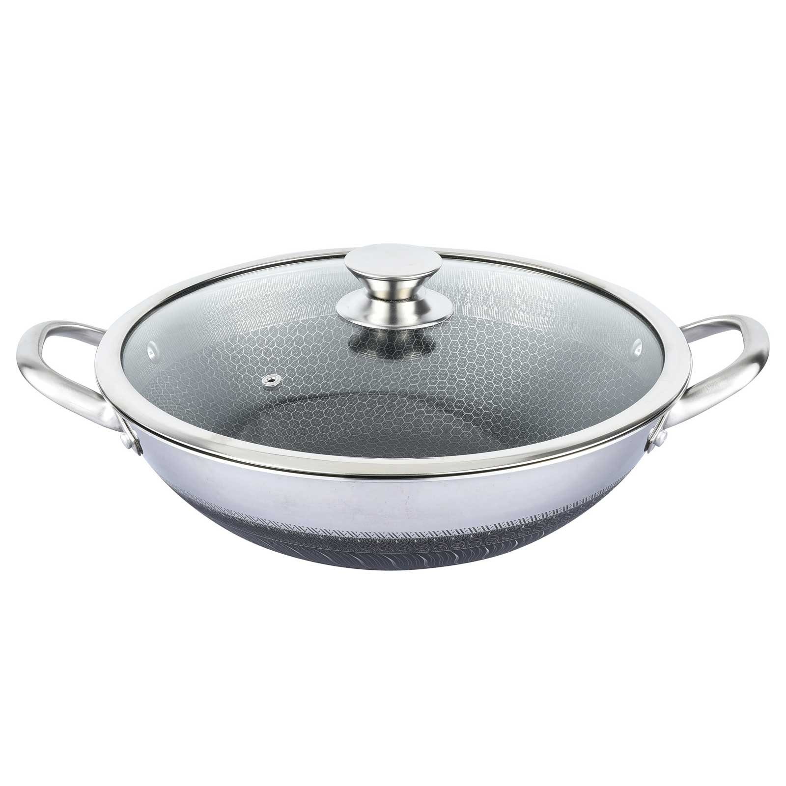 4BIG.fun Wok Wokpfanne mit Glasdeckel Wok 32 cm Asia Induktion, Edelstahl, abnehmbarer Griff, Induktion