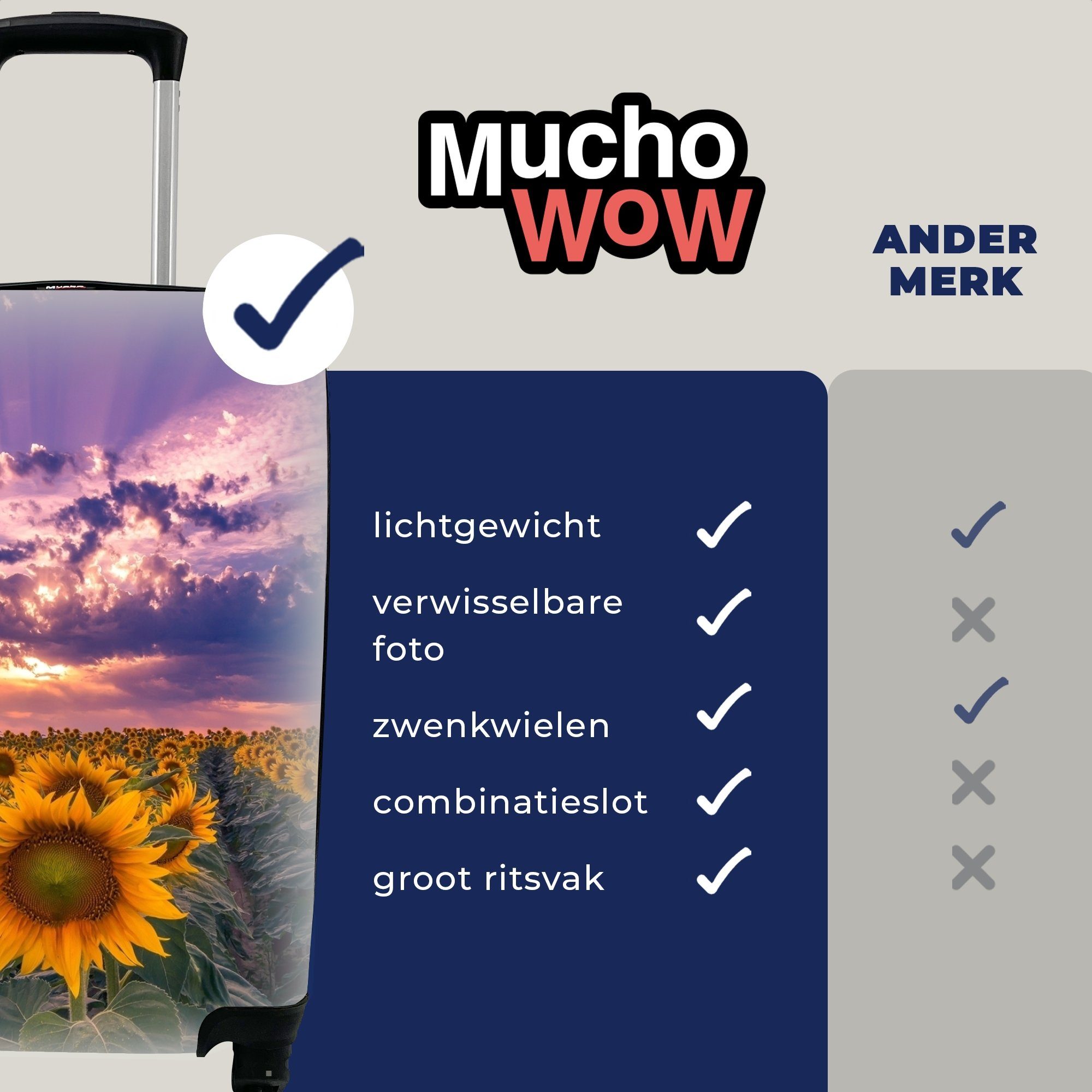 MuchoWow Reisekoffer mit rollen, Reisetasche - - Trolley, für Ferien, Rollen, Sonnenuntergang, 4 Blumen - Handgepäckkoffer Handgepäck Himmel Lila