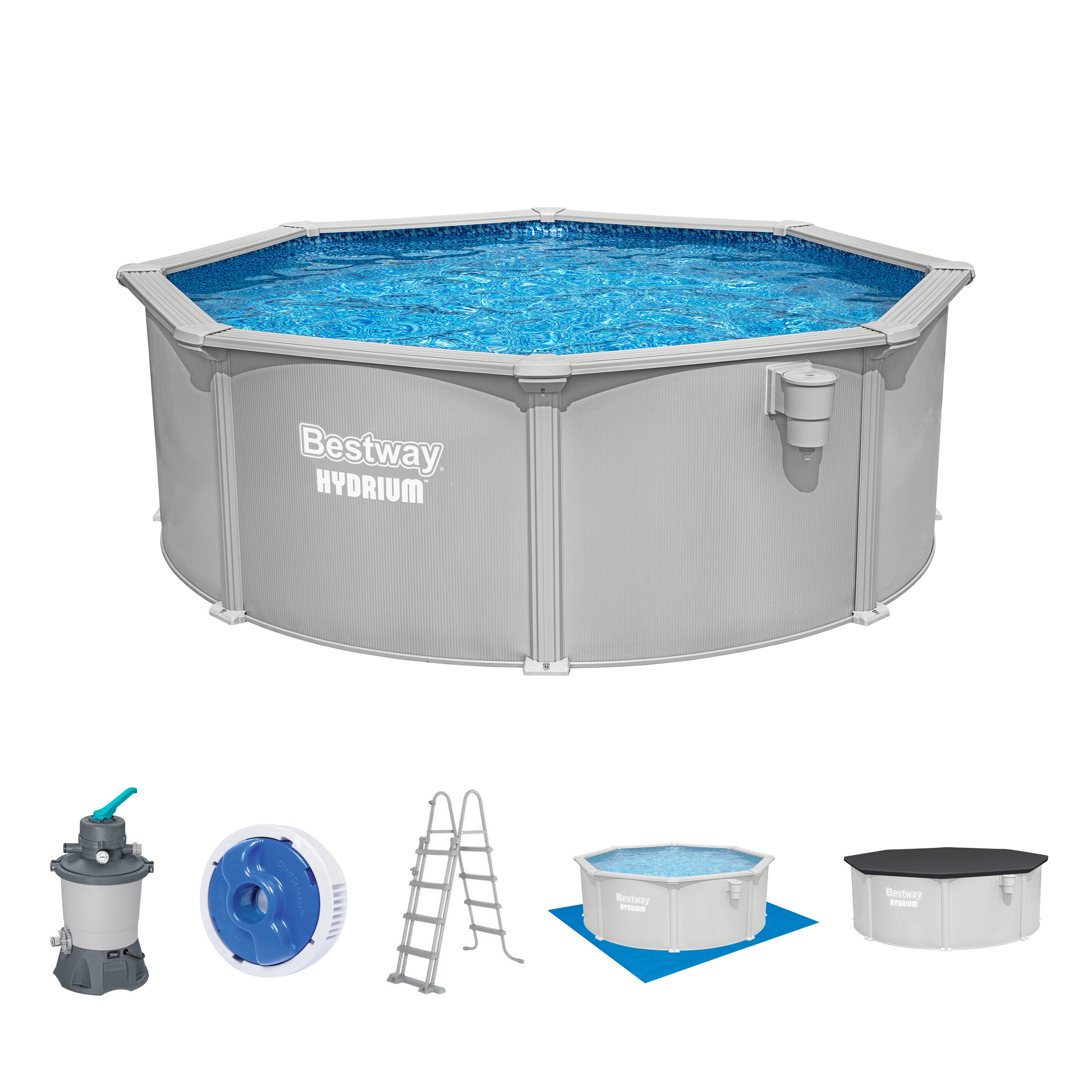 Bestway Pool Hydrium (Set, Inkl. Sandfilteranlage, Sicherheitsleiter, Abdeckplane, Bodenplane), Ø 366 x 122 cm