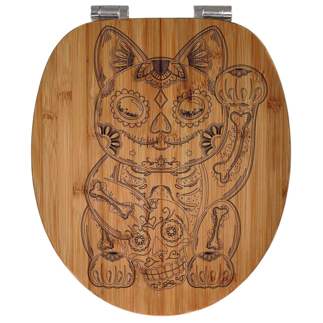 banjado WC-Sitz aus Bambus mit Gravur Winkekatze (umweltfreundliches Material, integrierte Absenkautomatik), 45,8 x 37,5 x 5 cm