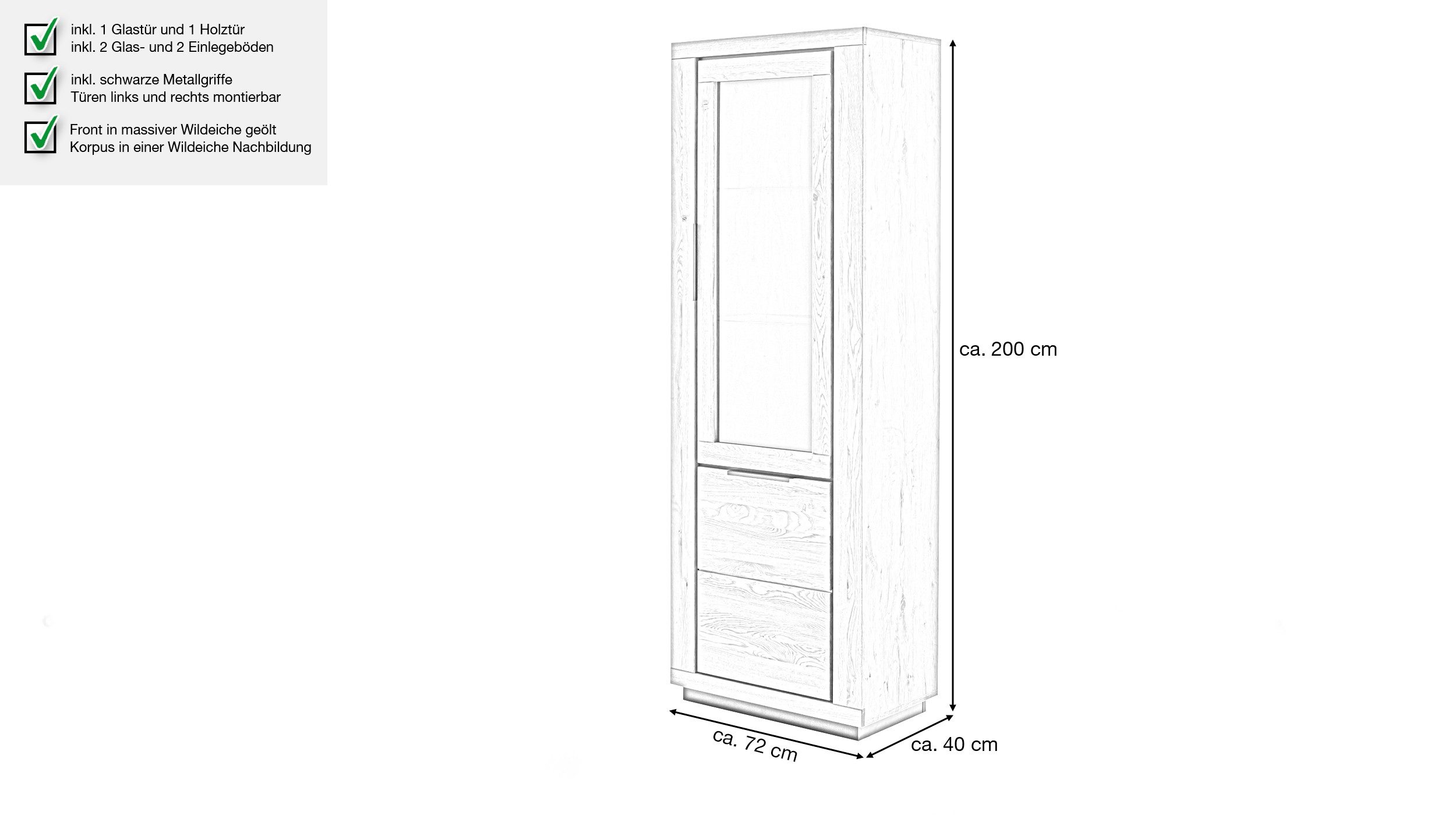 Massivart® Vitrine GRENO Vitrinenschrank mit Glastür / Massivholz Wildeiche geölt 1 Tür / 2 Glas- und 2 Einlegeböden