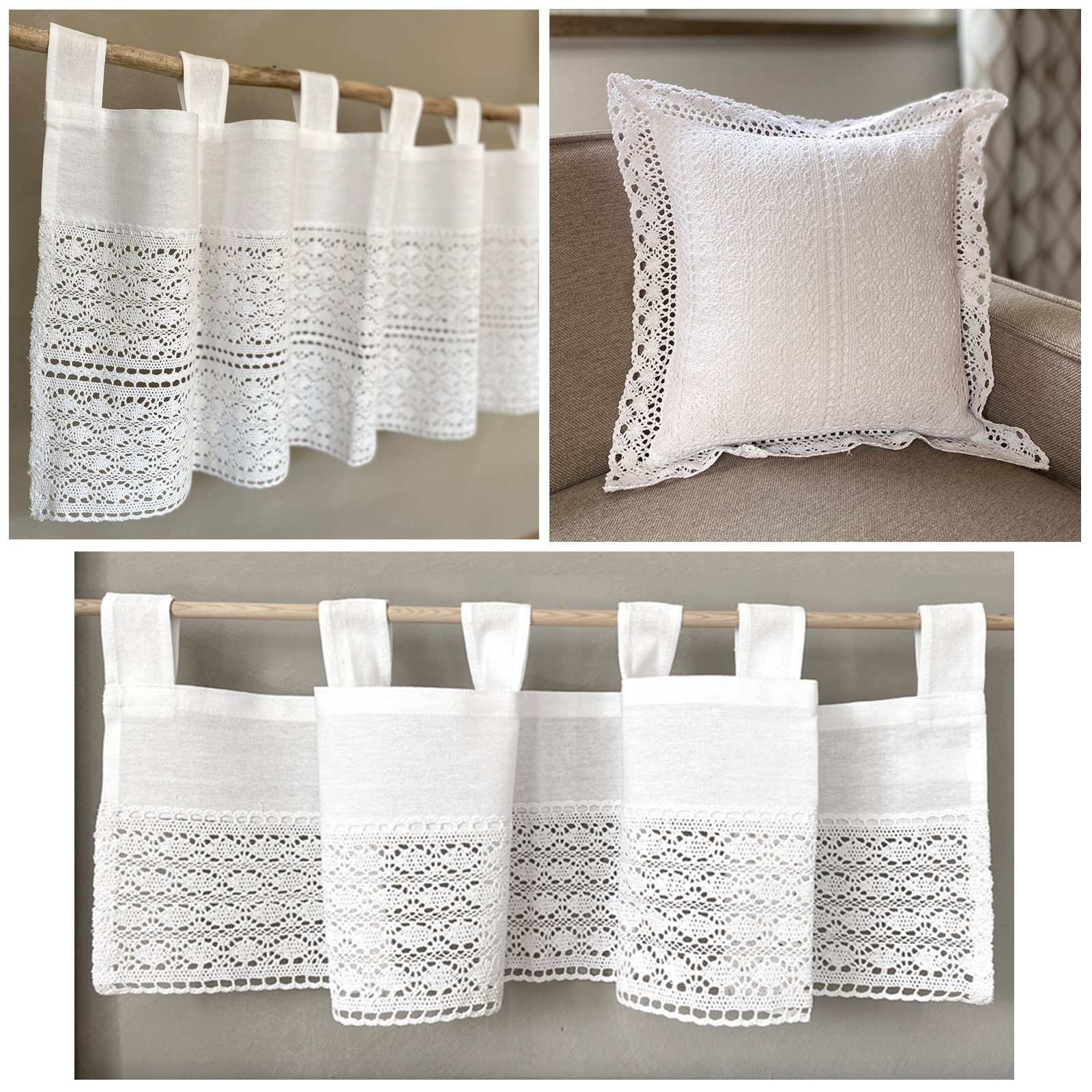 heimtexland Scheibengardine Deko Set Häkelspitze Gardine Kissen Tischdecke günstig online kaufen