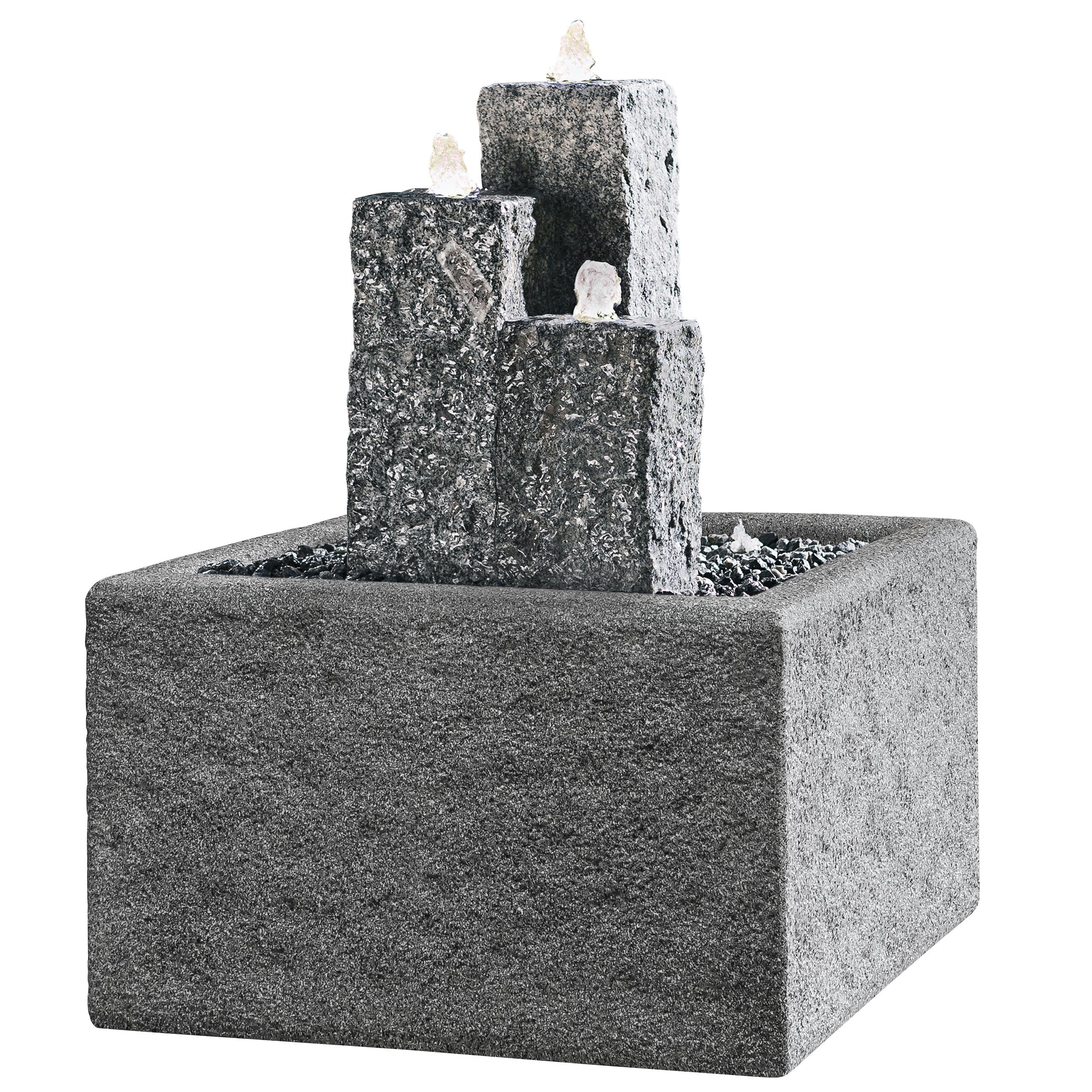 Dehner Gartenbrunnen Nizza mit LED, 25/35/45 x 14 x 14 cm, Granit, grau, Wasserspiel aus 3 Granitsäulen inkl. Pumpe, LED-Beleuchtung und Becken