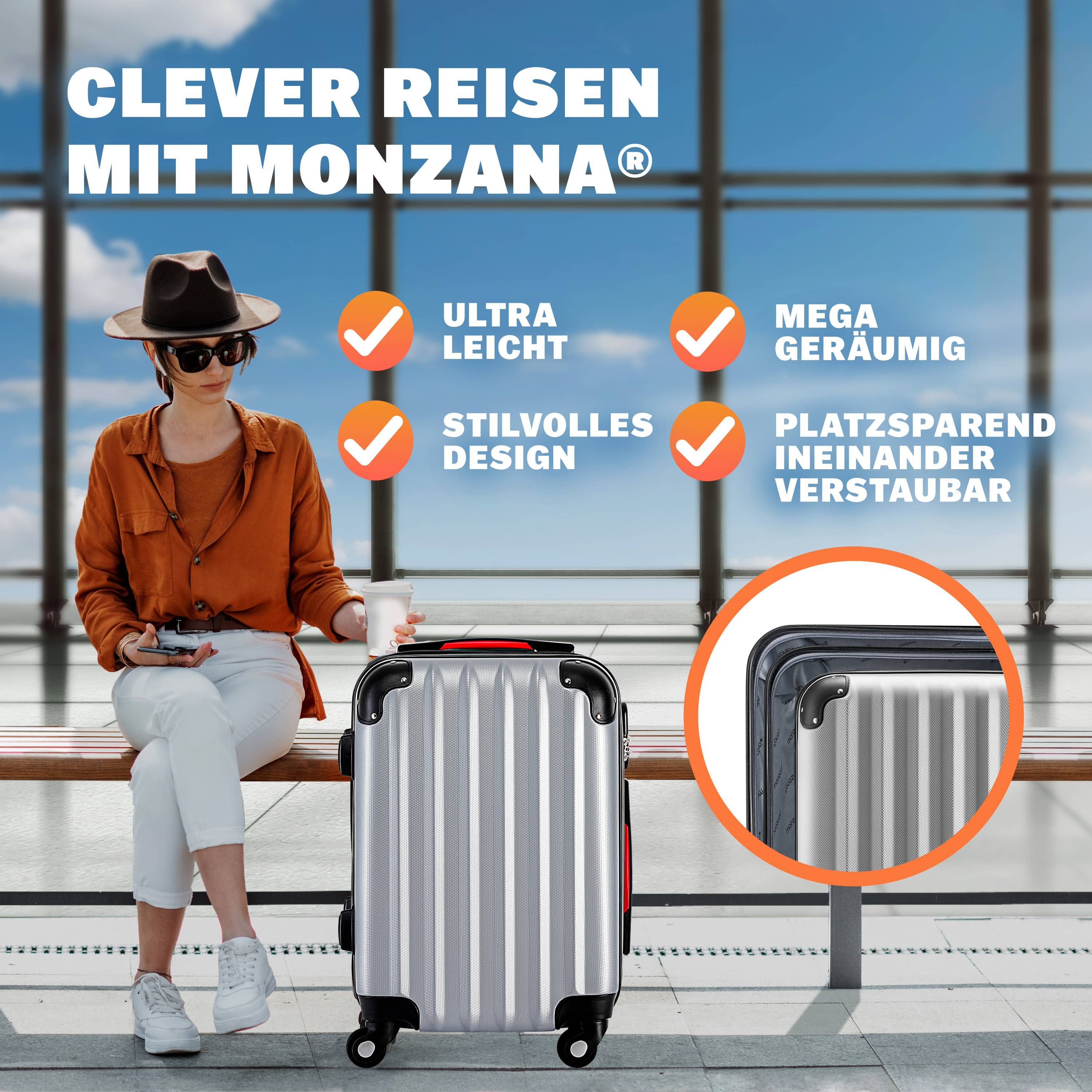 monzana Hartschalen-Trolley Baseline, 4 Rollen, Rollkoffer Zahlenschloss Reisekoffer Hartschalenkoffer Trolley Silber