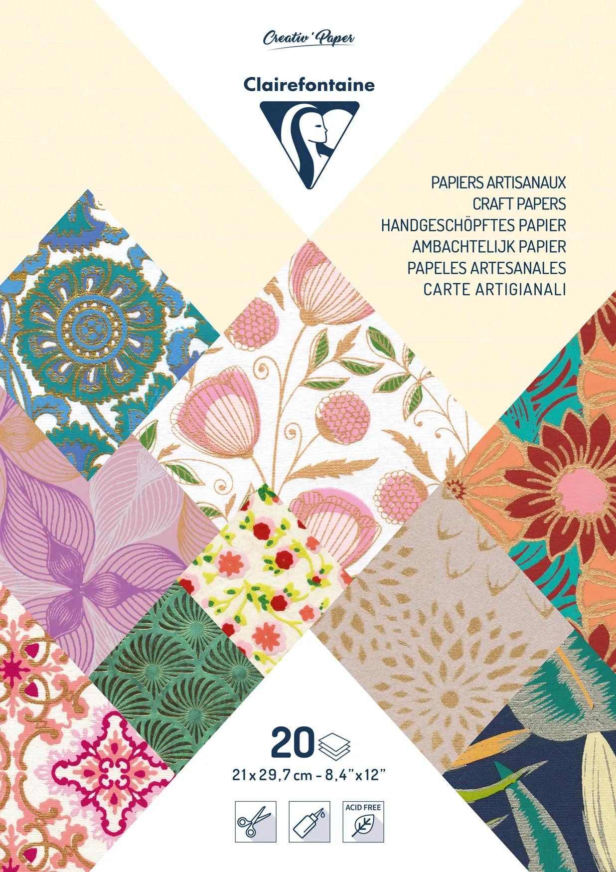 CLAIREFONTAINE Bastelkartonpapier 3x Papiere aller Welt, Block geleimt A4, 20 Bl Sortierung 95097C, Handgeschöpftes Papier