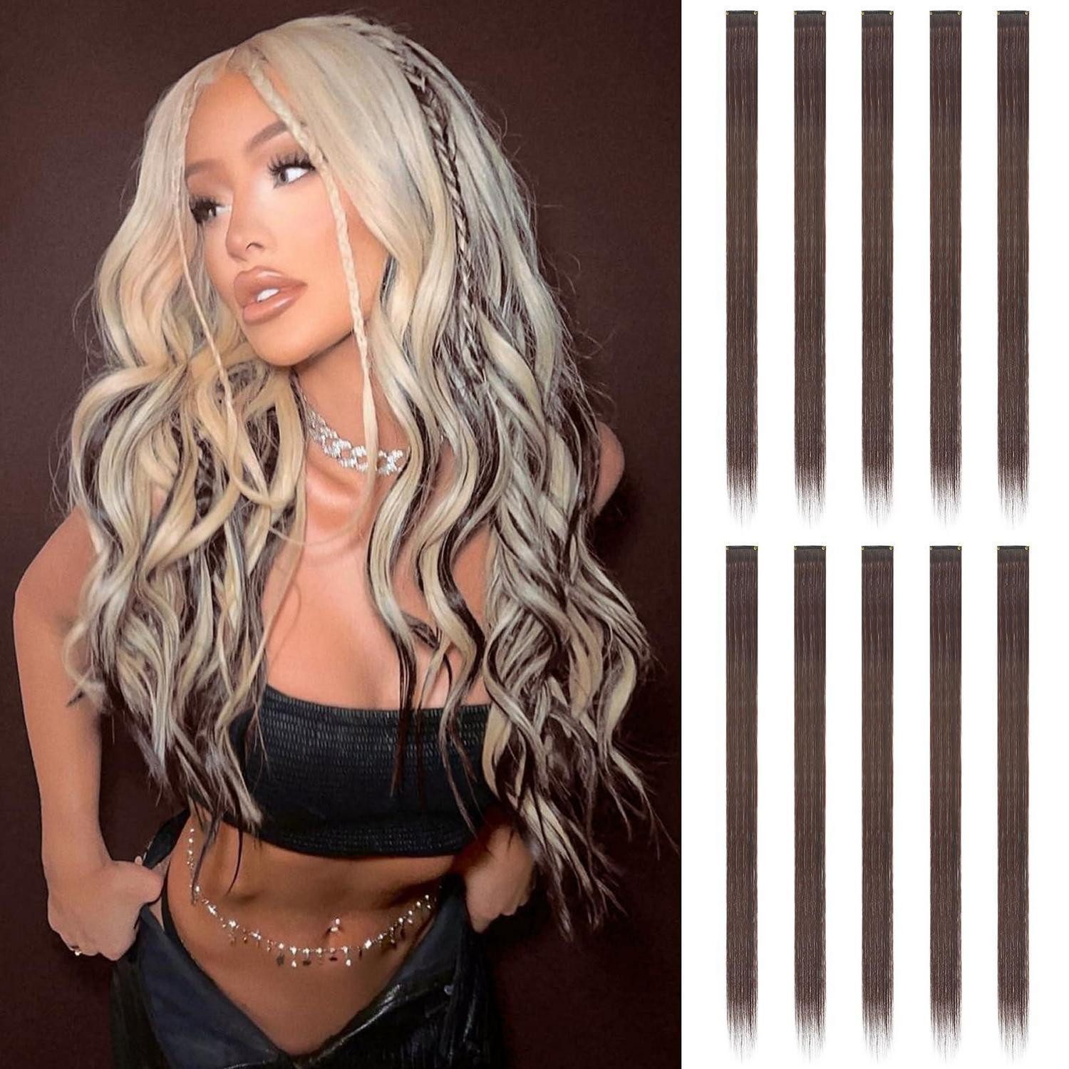 LuxusKollektion Kunsthaar-Extension Haarverlängerung Clip Synthetik 55cm Damen bunt Party Braun 10 PCS