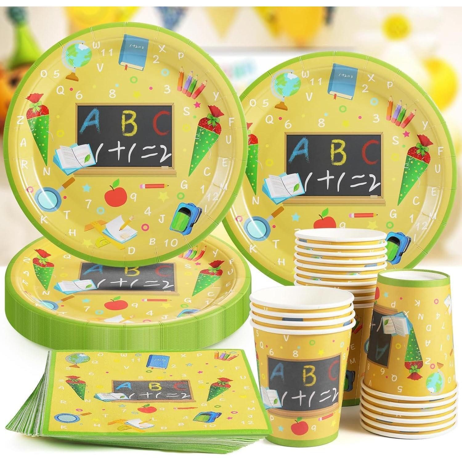 LuxusKollektion Pappteller 60-teiliges Schulanfang Servietten Set buntes ABC Einschulung Party