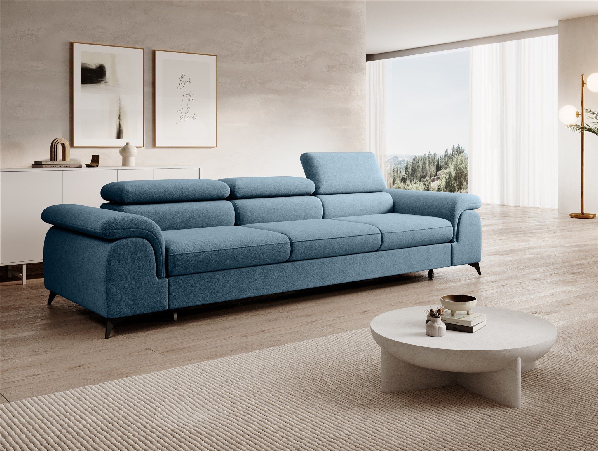 Fun Möbel Big-Sofa Couchgarnitur BASTIEN Megasofa mit Schlaffunktion Stoff Whisper, Kopfstützen verstellbar, Rundumbezug Azurblau